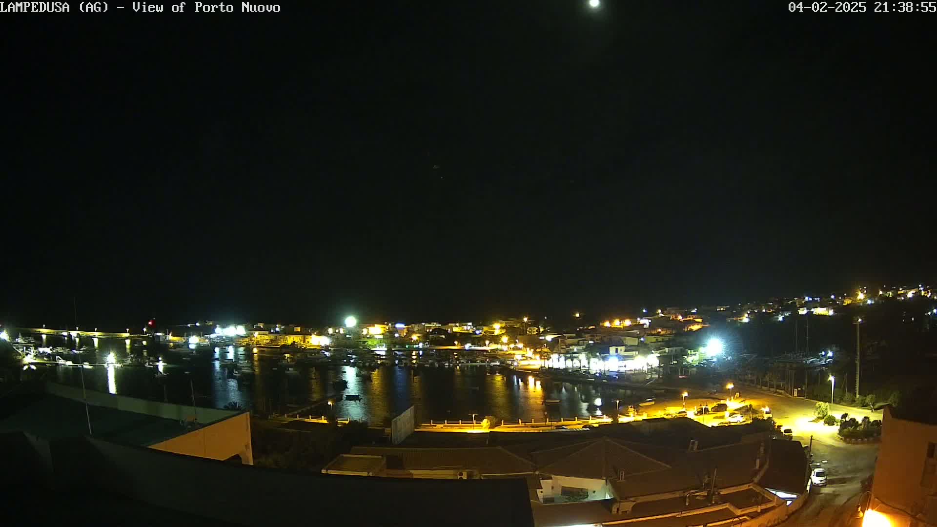 A nighttime, overhead view of a harbor town with boats in the water and lights illuminating the buildings and streets under a clear, dark sky.