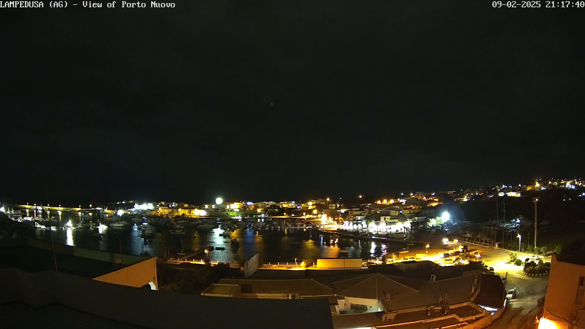 A nighttime, clear-sky view of a harbor filled with boats and surrounded by illuminated buildings.