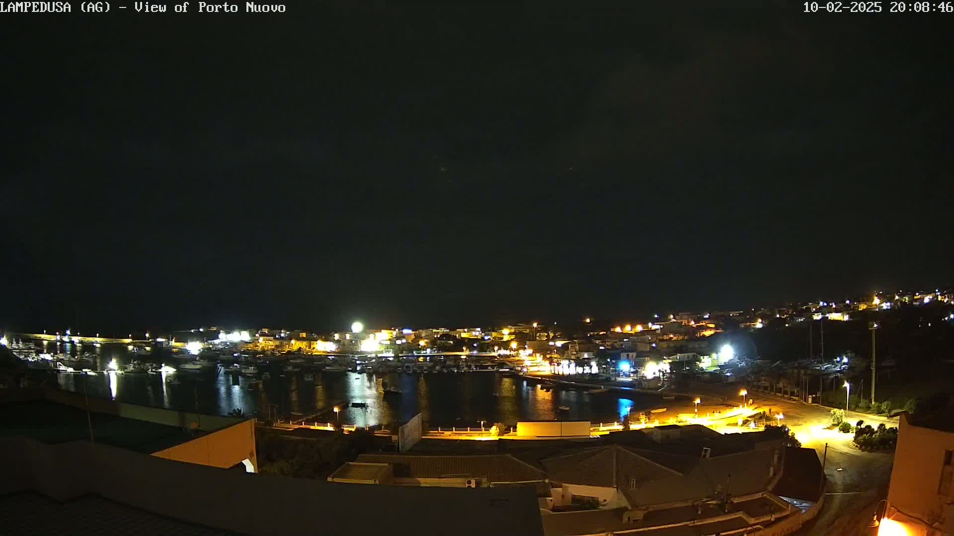 A nighttime view of a harbor filled with boats, surrounded by illuminated buildings and streets under a clear, dark sky.