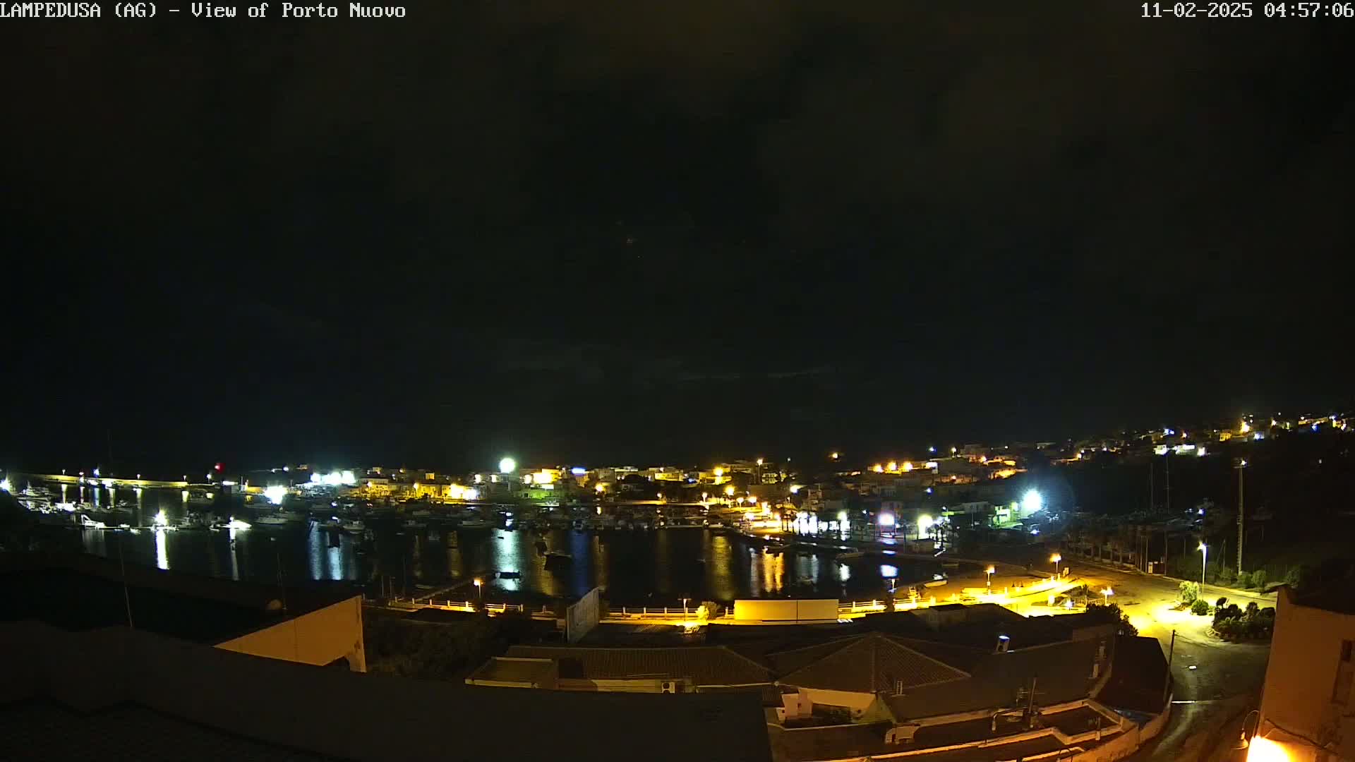 A nighttime view of a harbor town with boats and buildings illuminated under a dark, cloudy sky.