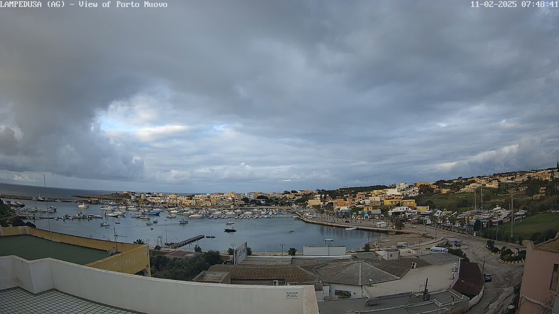 An overcast sky hangs over a harbor filled with numerous boats and a town of low-rise buildings.
