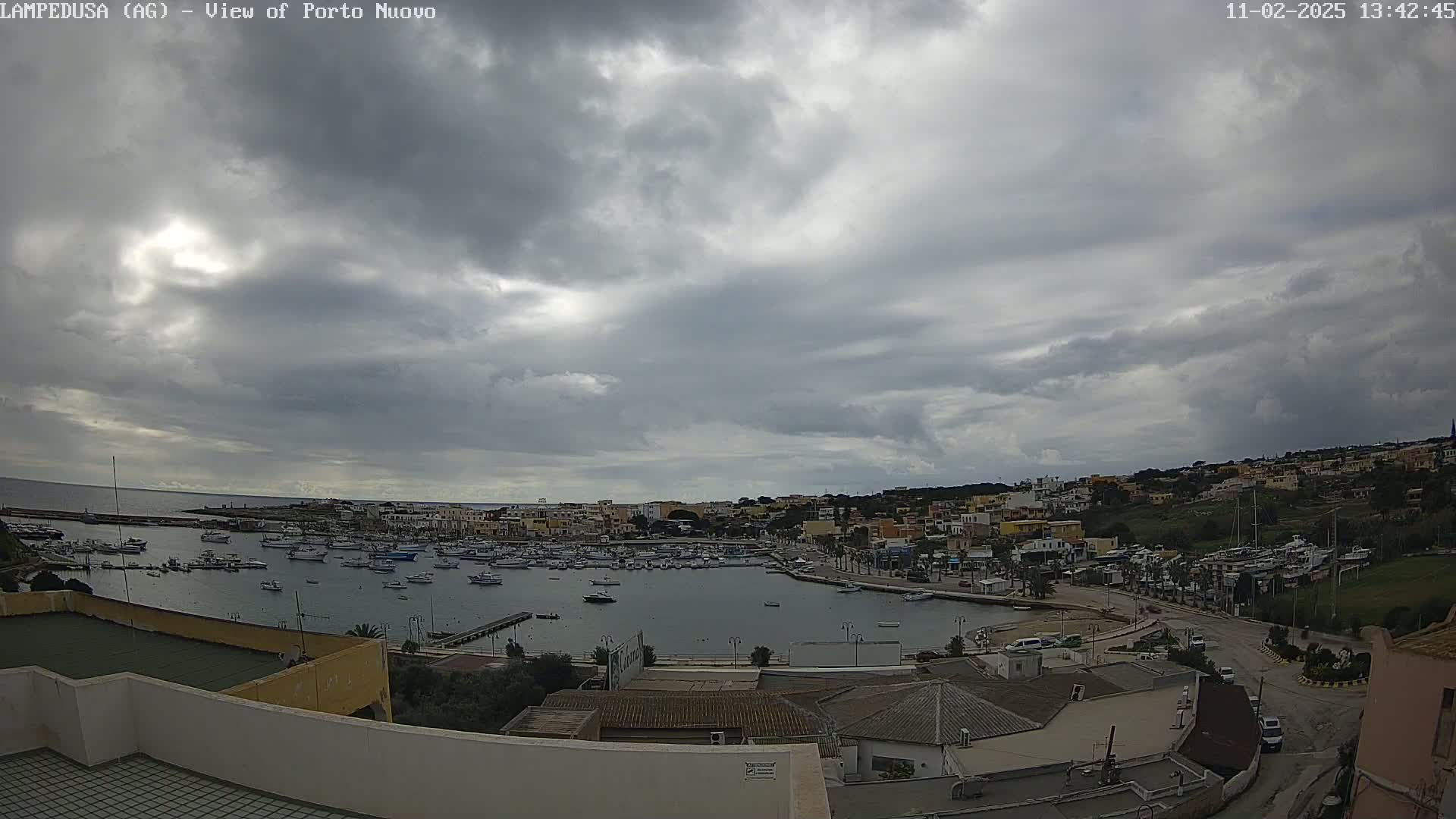 A harbor filled with boats is visible beneath an overcast sky.