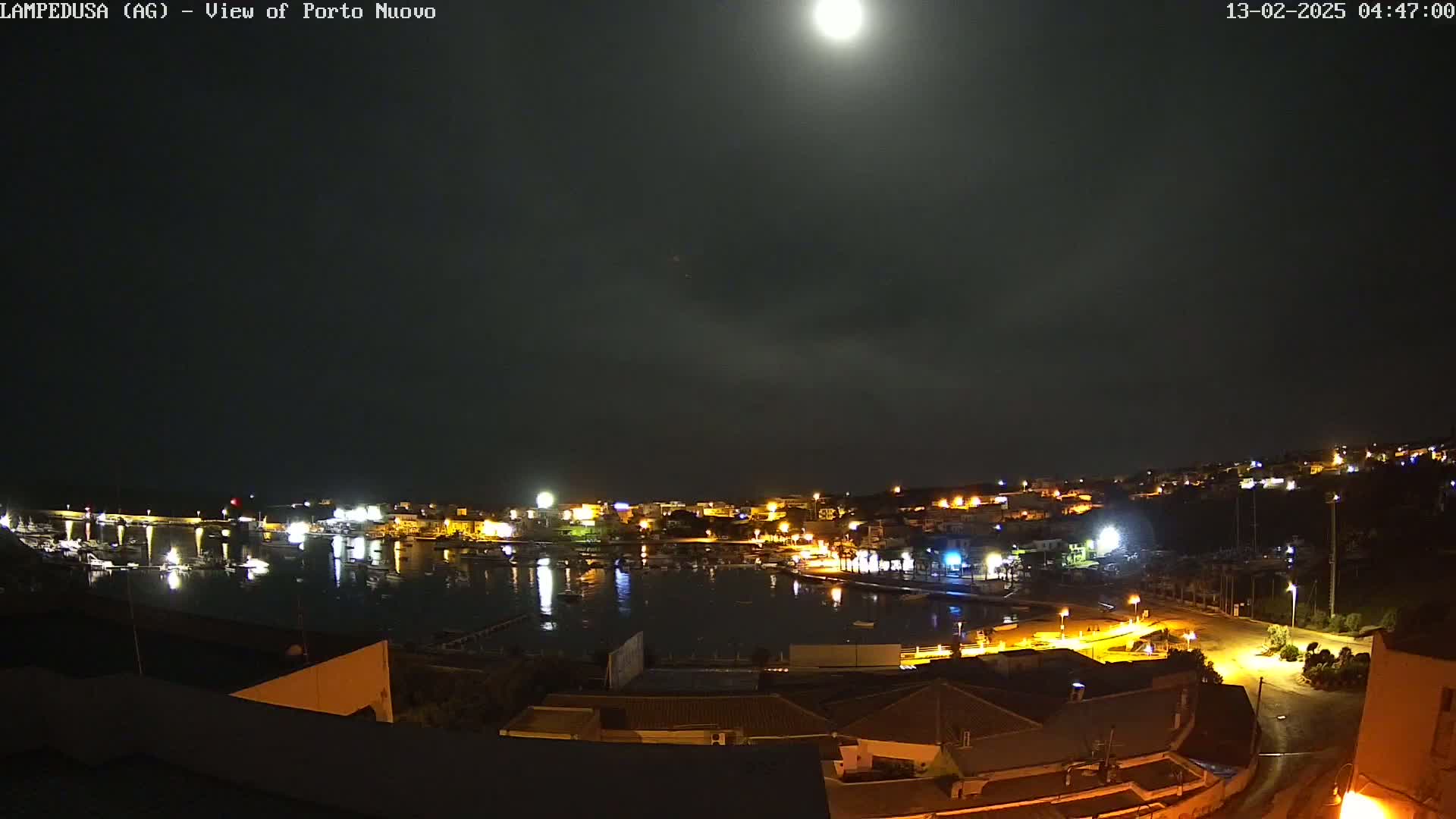 A nighttime, moonlit view of a harbor town with boats in the water and illuminated buildings on the shore.