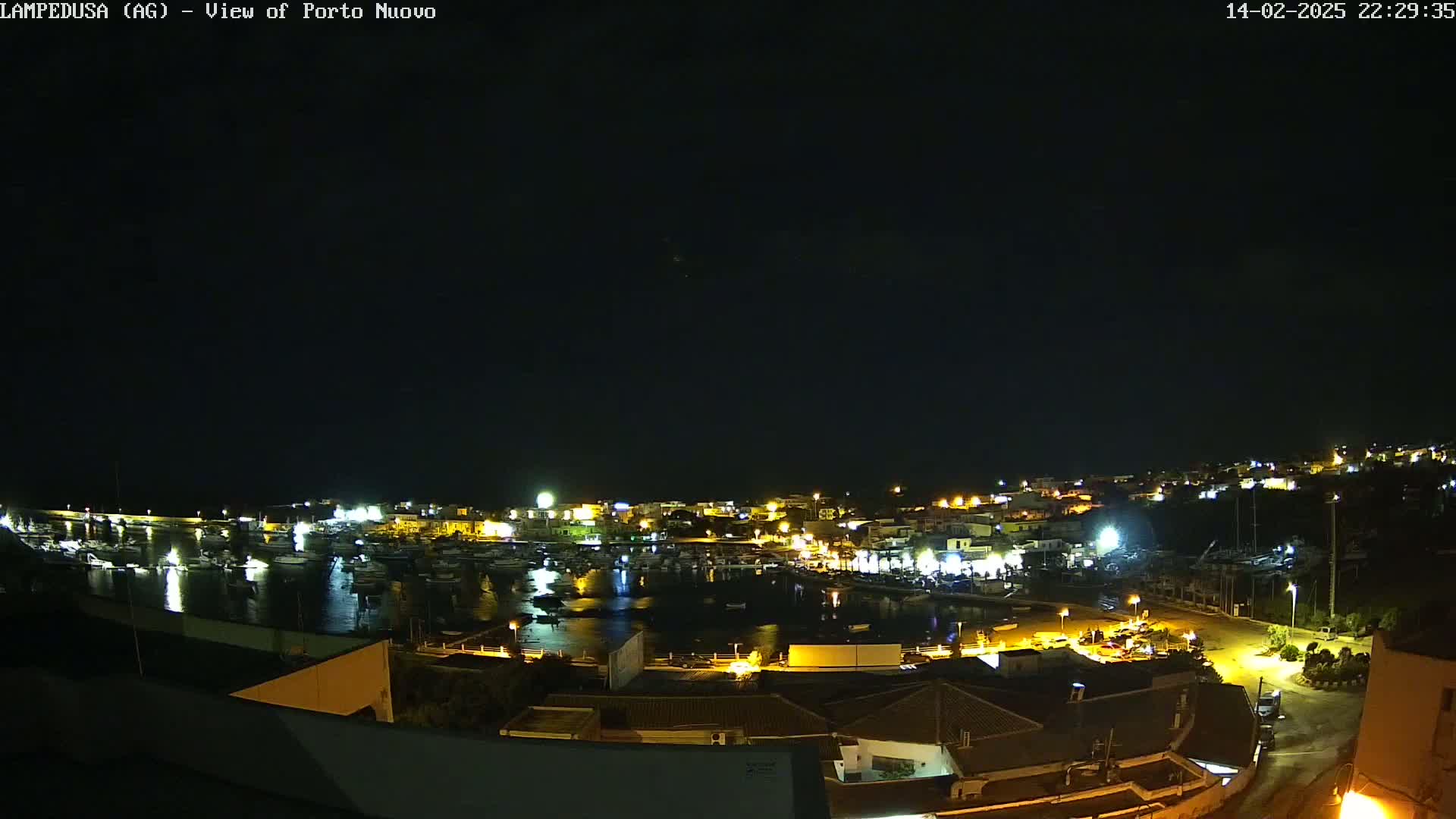 A nighttime, aerial view of a harbor town with boats in the water and lights illuminating buildings and streets under a clear, dark sky.