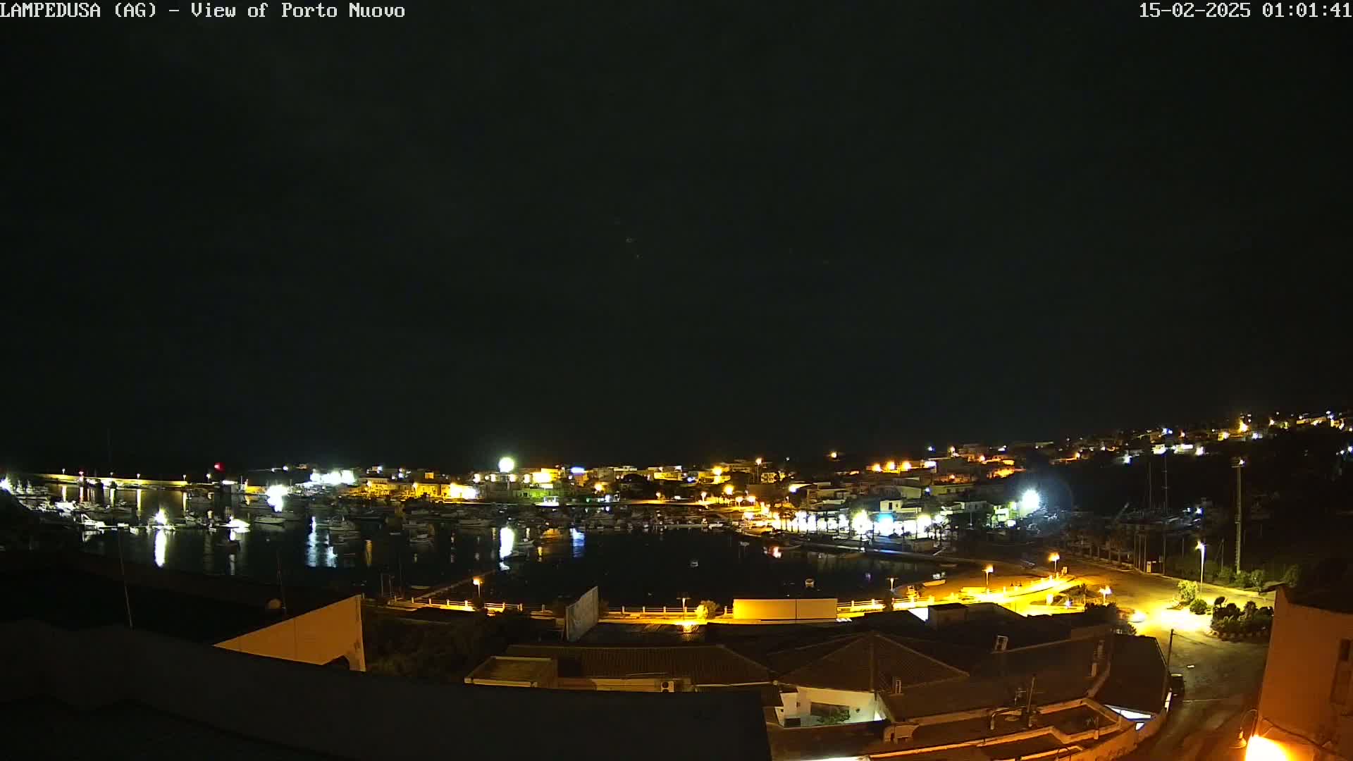 A nighttime view of a harbor town, illuminated by lights, under a dark, clear sky.