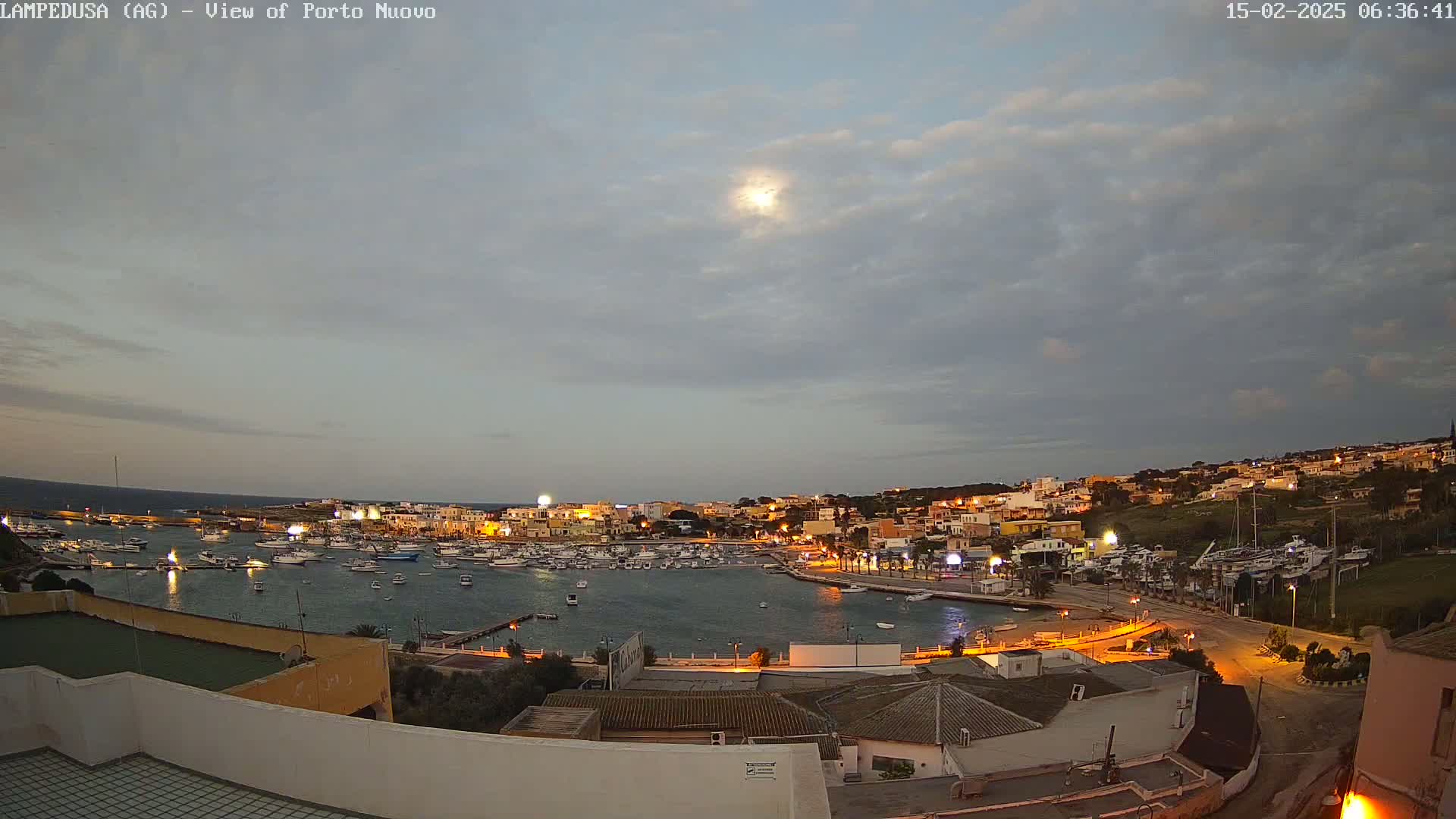 A moonlit harbor town with many boats in the harbor is visible under a mostly cloudy sky.