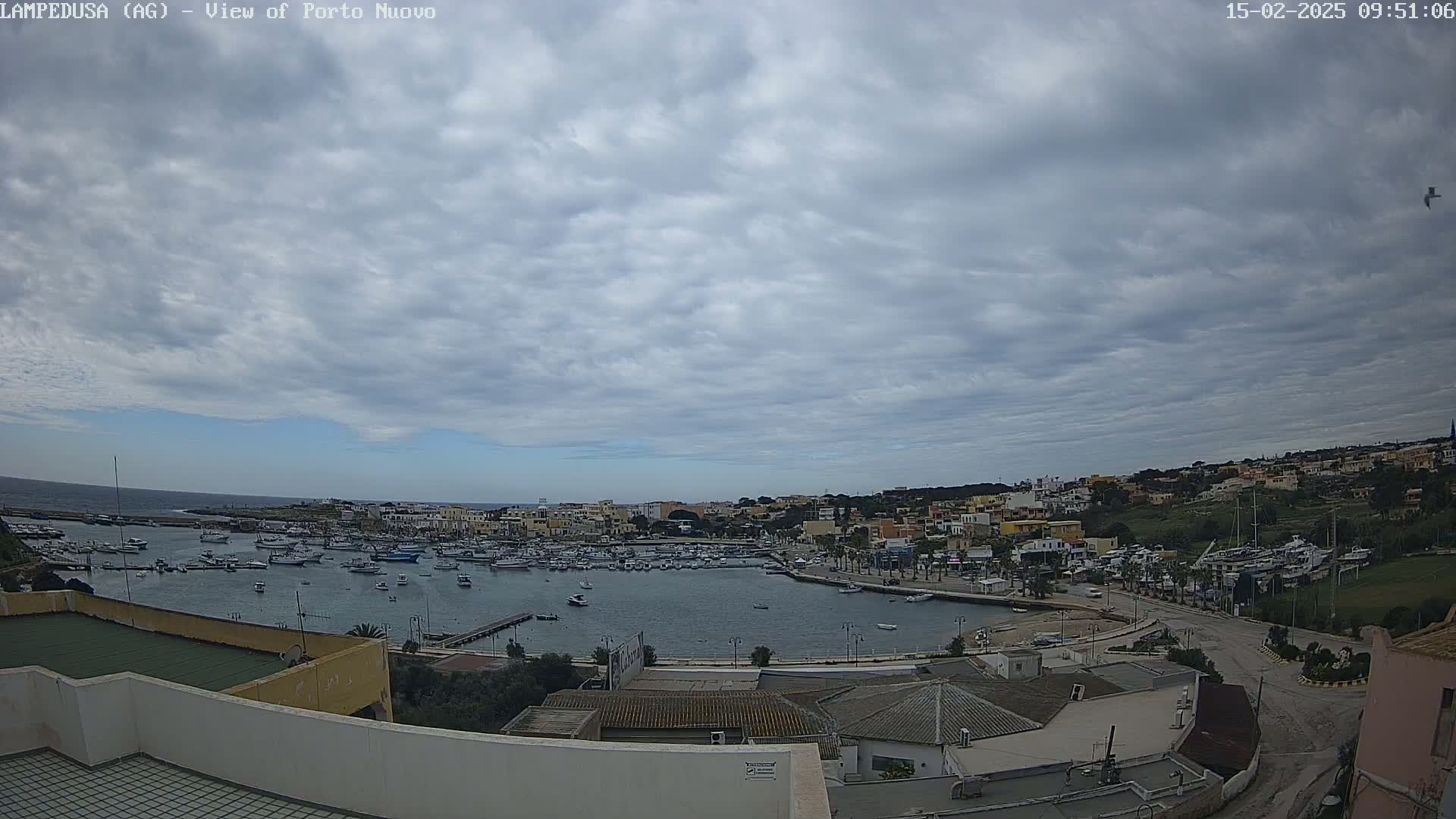 A harbor filled with boats is situated below a mostly cloudy sky, overlooking a town built on a hillside.