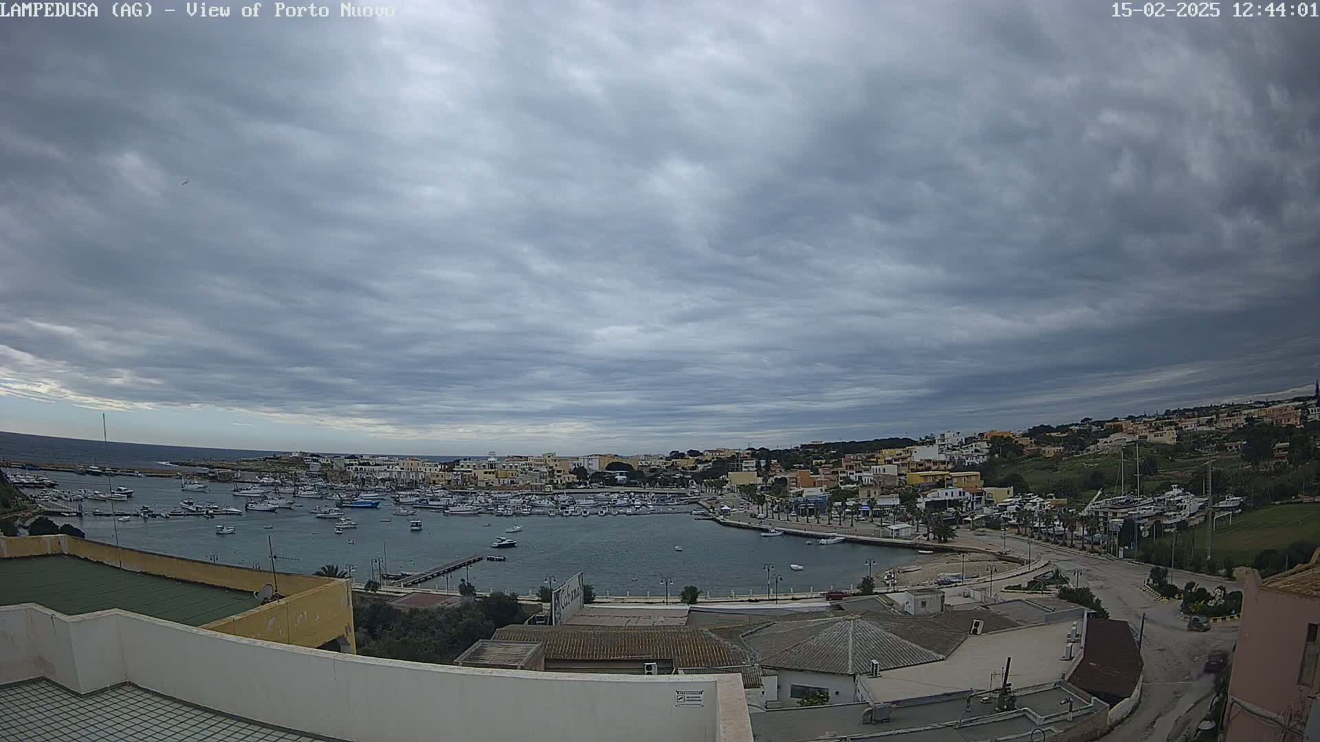 A harbor filled with boats is situated below a hilltop town under a cloudy sky.