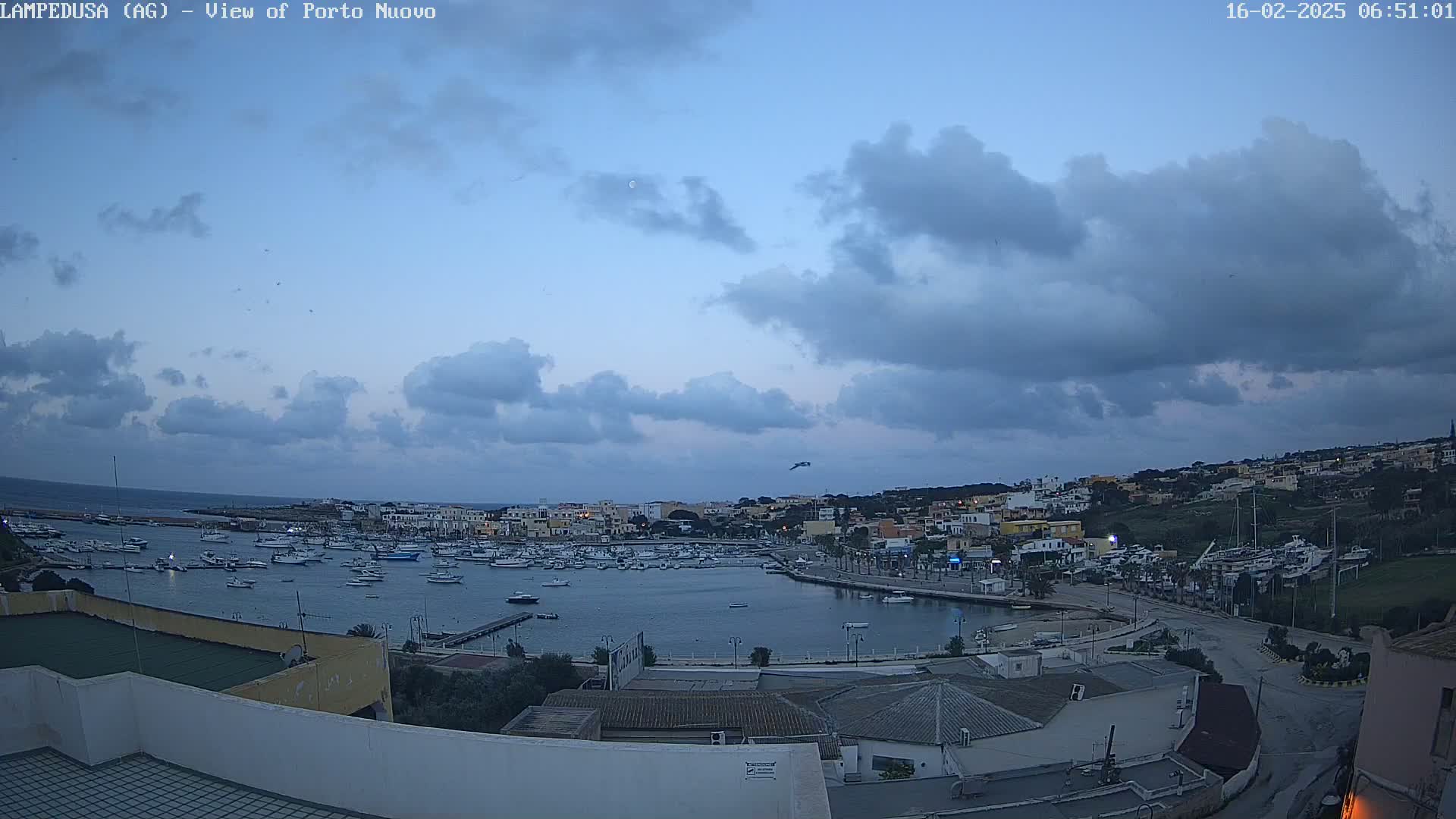 A harbor filled with numerous boats is nestled within a town under a partly cloudy, dusky sky.