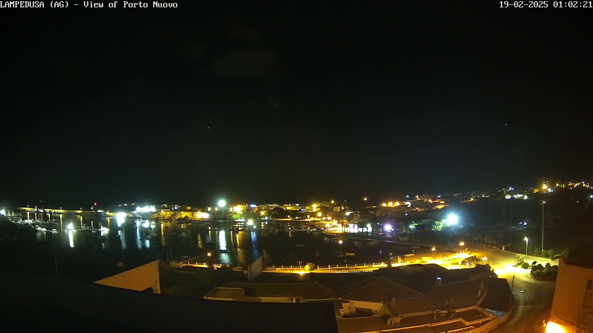 A nighttime view of a harbor filled with boats, surrounded by illuminated buildings under a clear, starry sky.