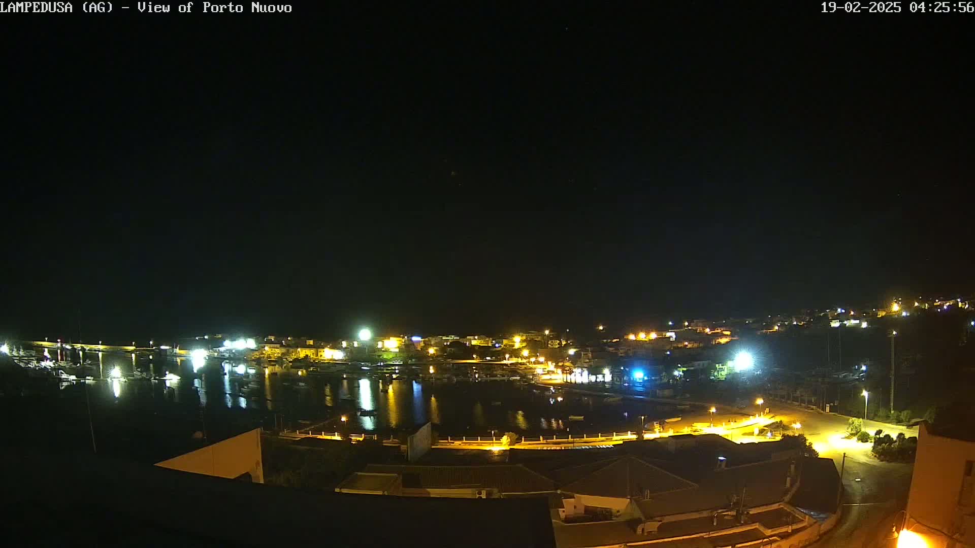 A nighttime view of a harbor town with boats and buildings illuminated, under a clear, dark sky.