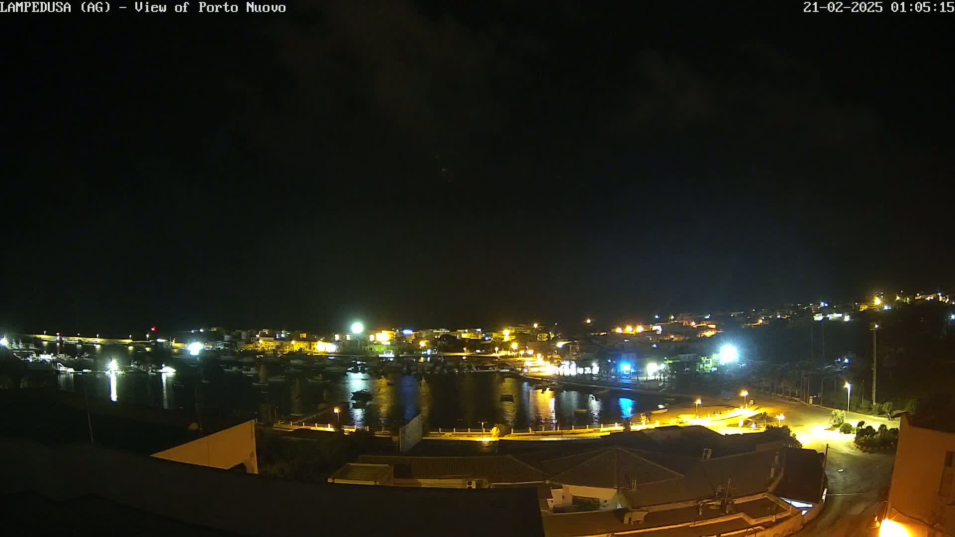 A nighttime, slightly cloudy view of a harbor town with boats in the water and buildings lit up along the shoreline.