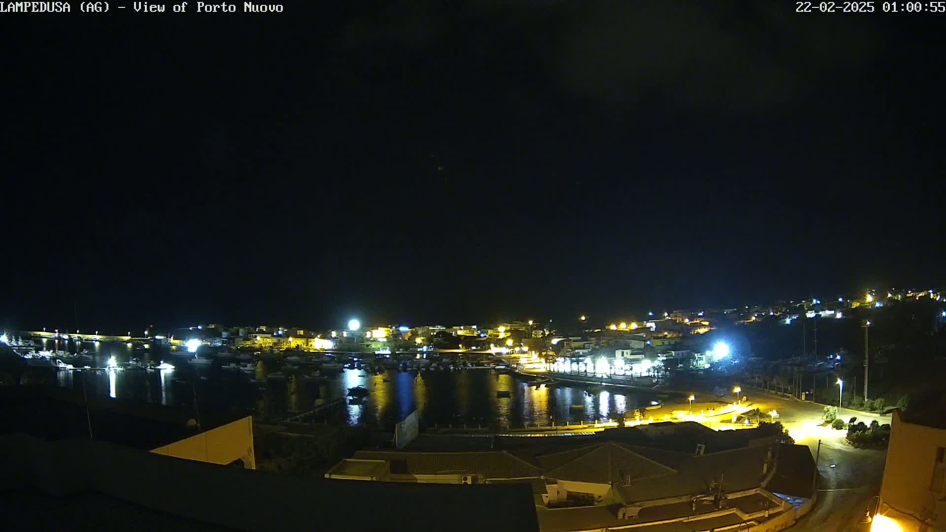 A nighttime view of a harbor town with boats and buildings illuminated, under a clear, dark sky.