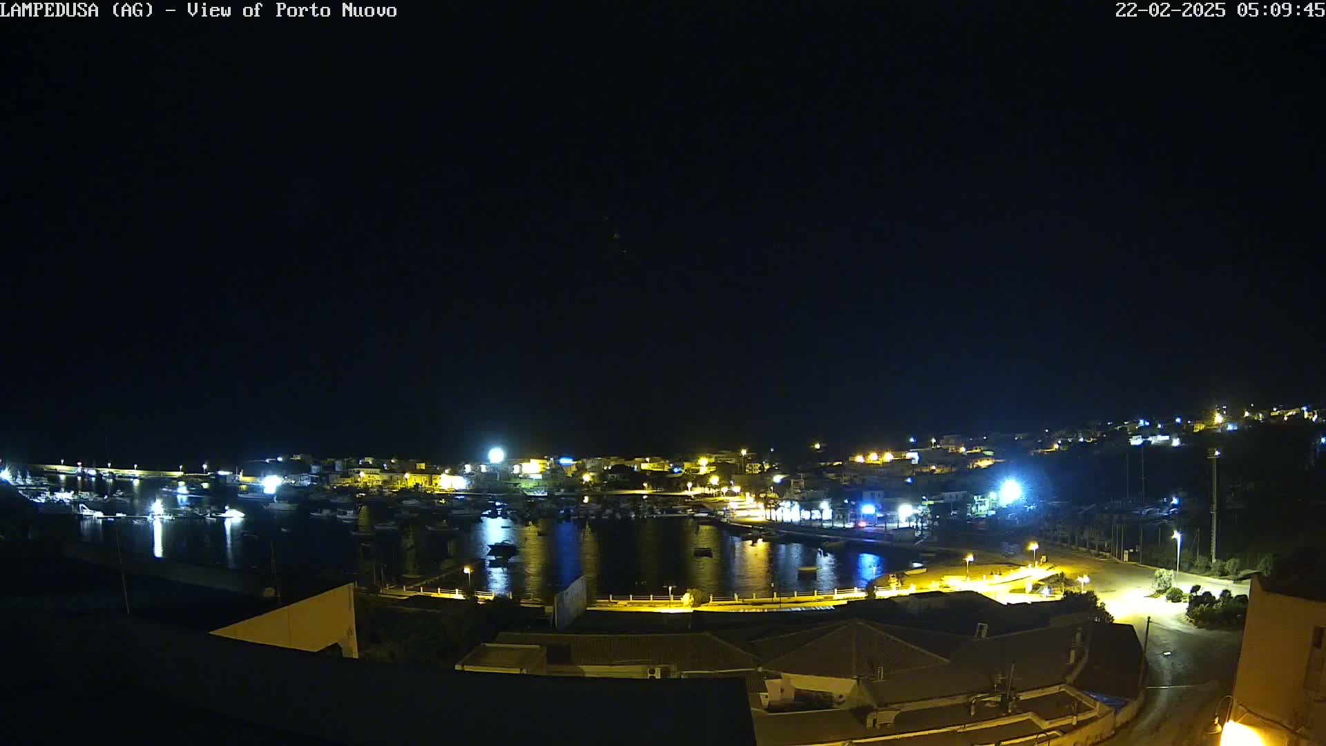A nighttime view of a harbor filled with boats, surrounded by illuminated buildings on a clear night.