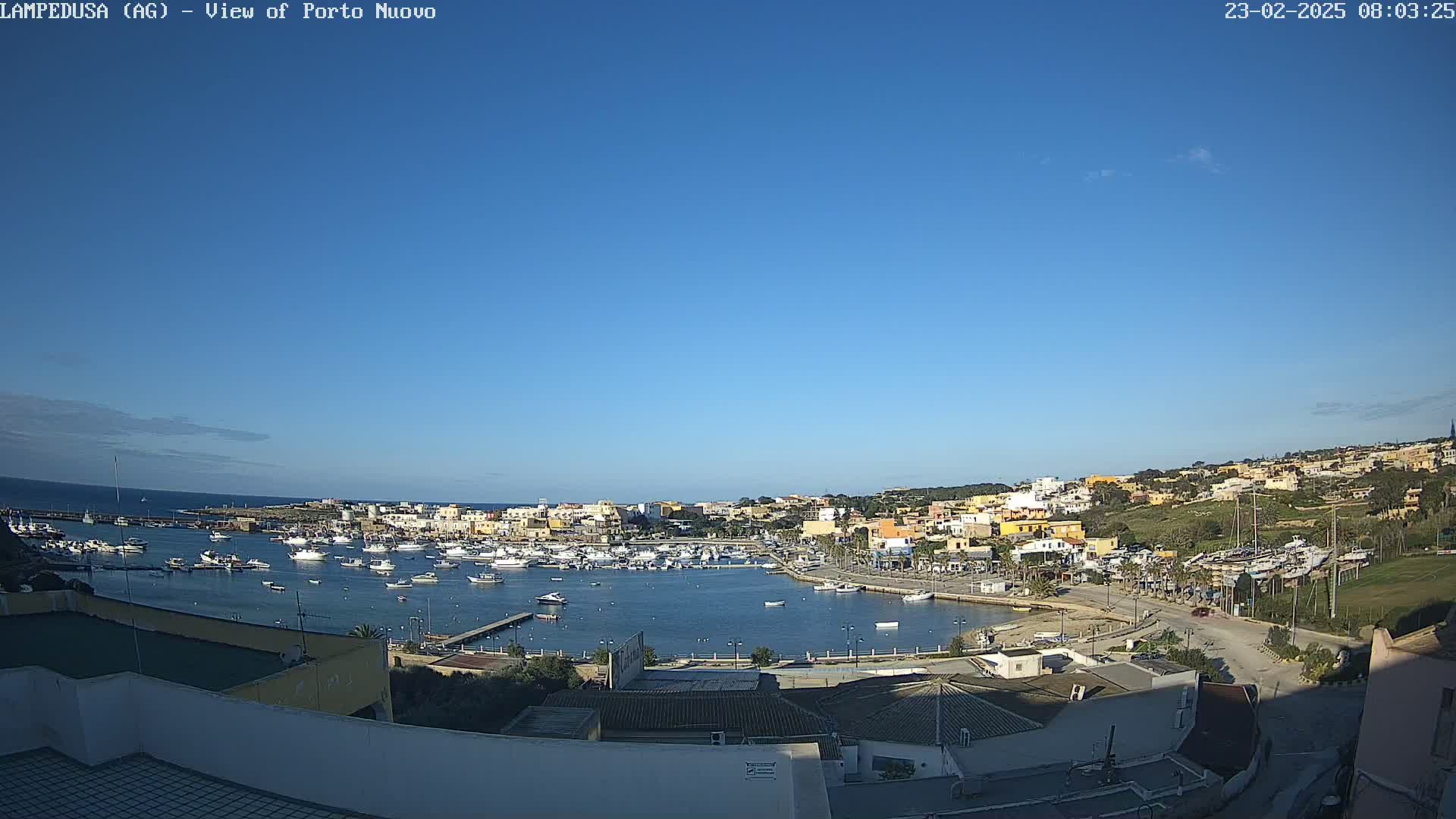 A harbor filled with boats is nestled in a town of low-rise buildings under a clear blue sky.