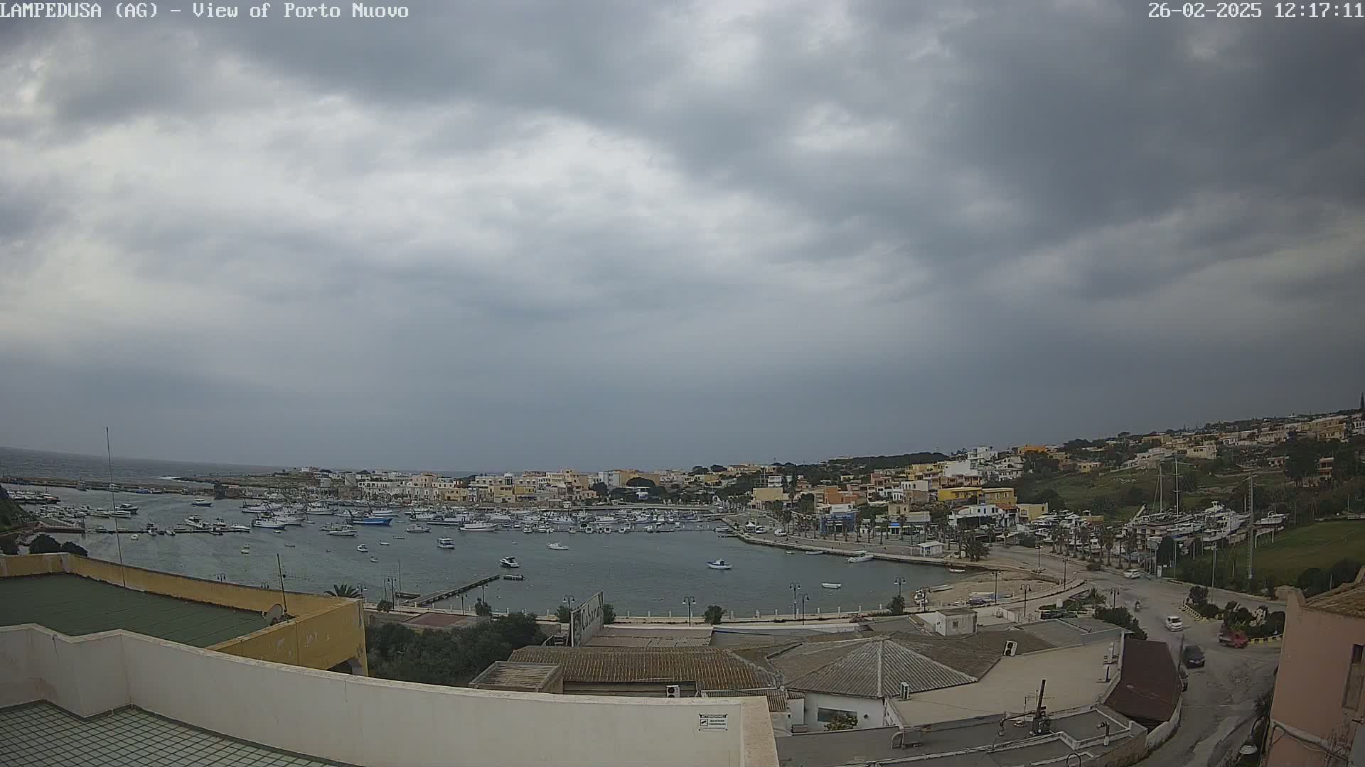 A harbor filled with boats is nestled in a town under an overcast sky.