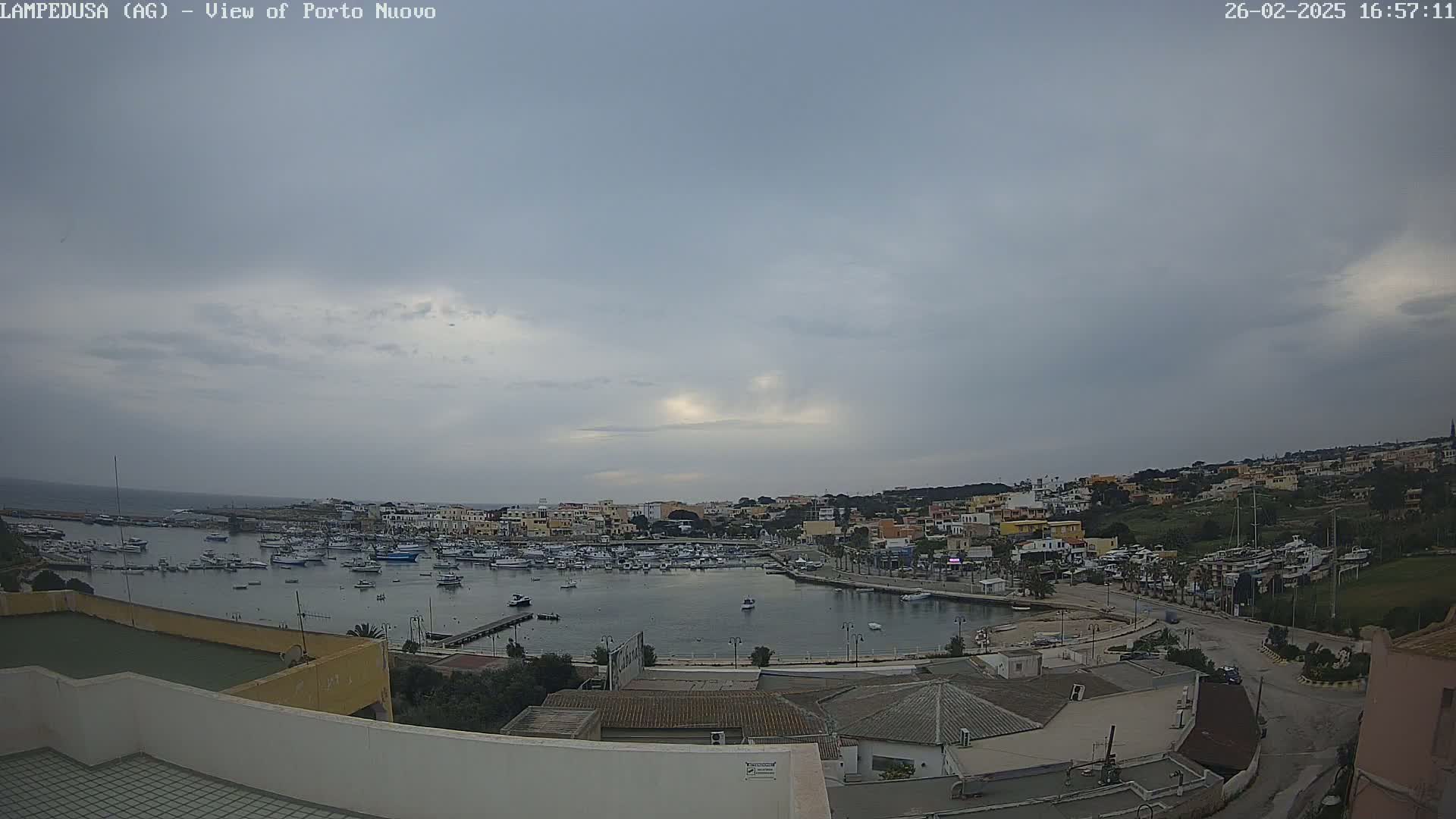 A harbor filled with boats is nestled in a town situated on a hillside under an overcast sky.
