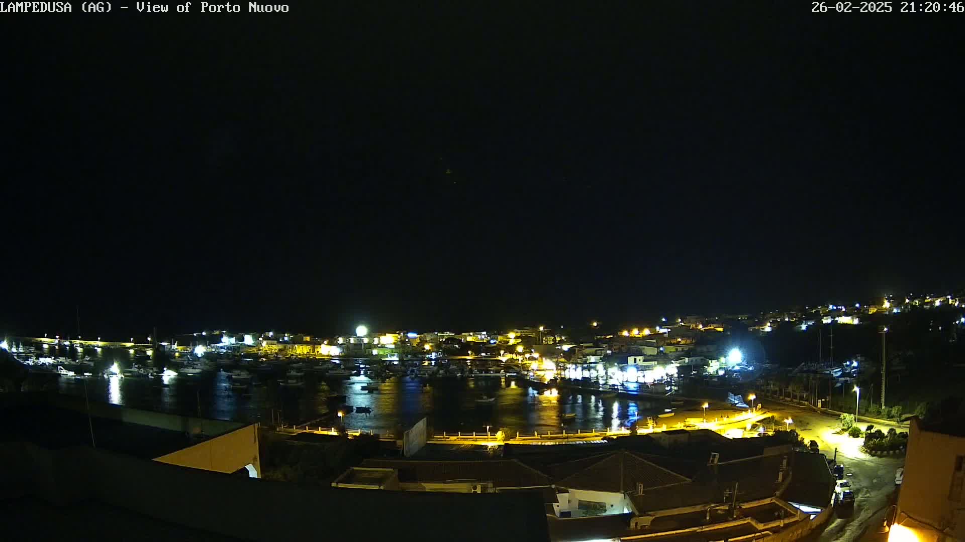 A nighttime view of a harbor filled with boats, surrounded by illuminated buildings on a clear night.