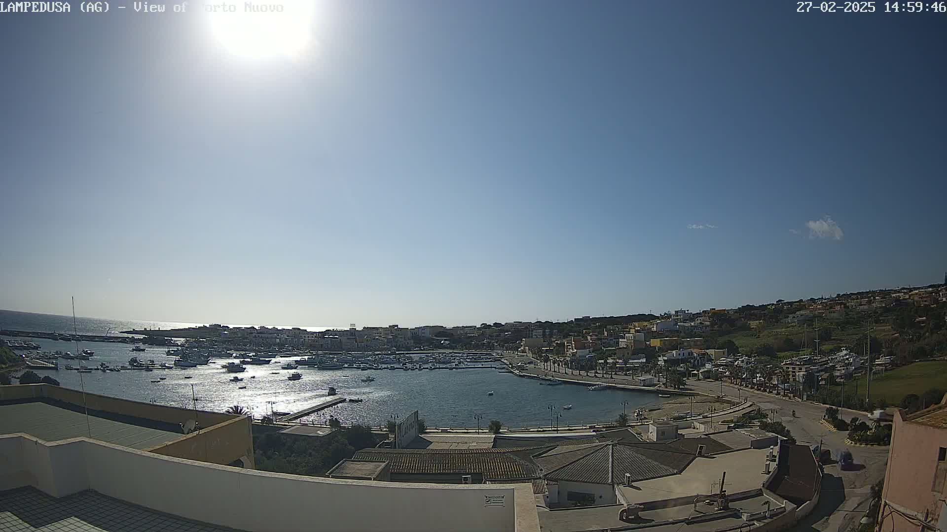 A sunny day overlooking a harbor filled with boats, a town nestled on a hillside, and the ocean in the distance.