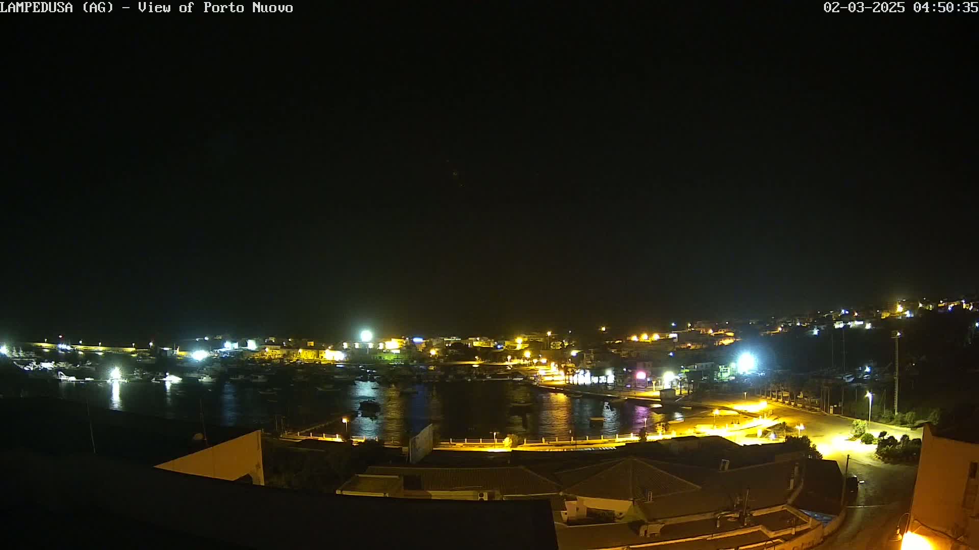 A nighttime, high-angle view of a harbor filled with boats, illuminated by many lights, nestled within a dark, hilly town.