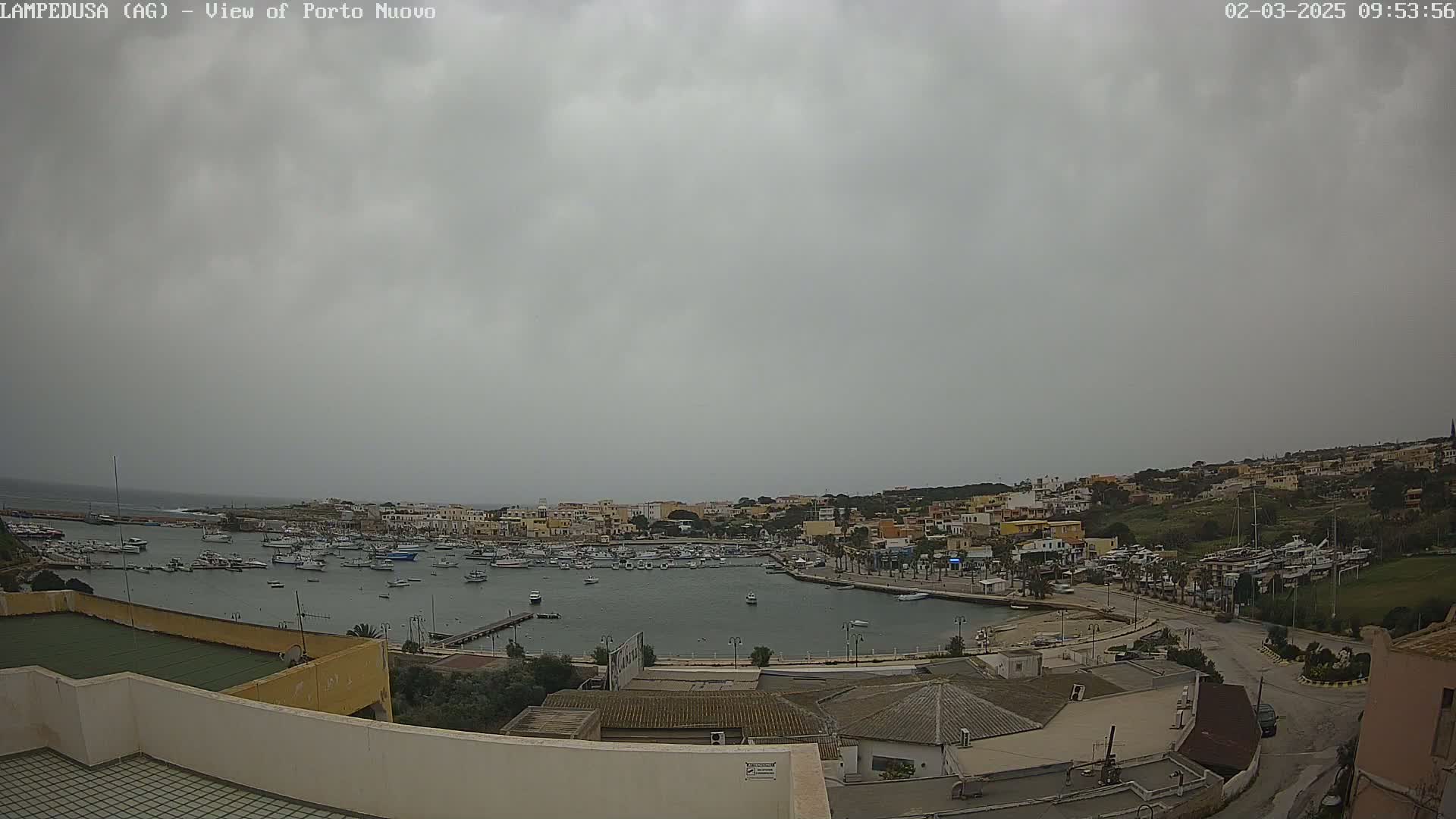 An overcast sky looms over a harbor filled with numerous boats, nestled within a town of low-rise buildings against a hillside.