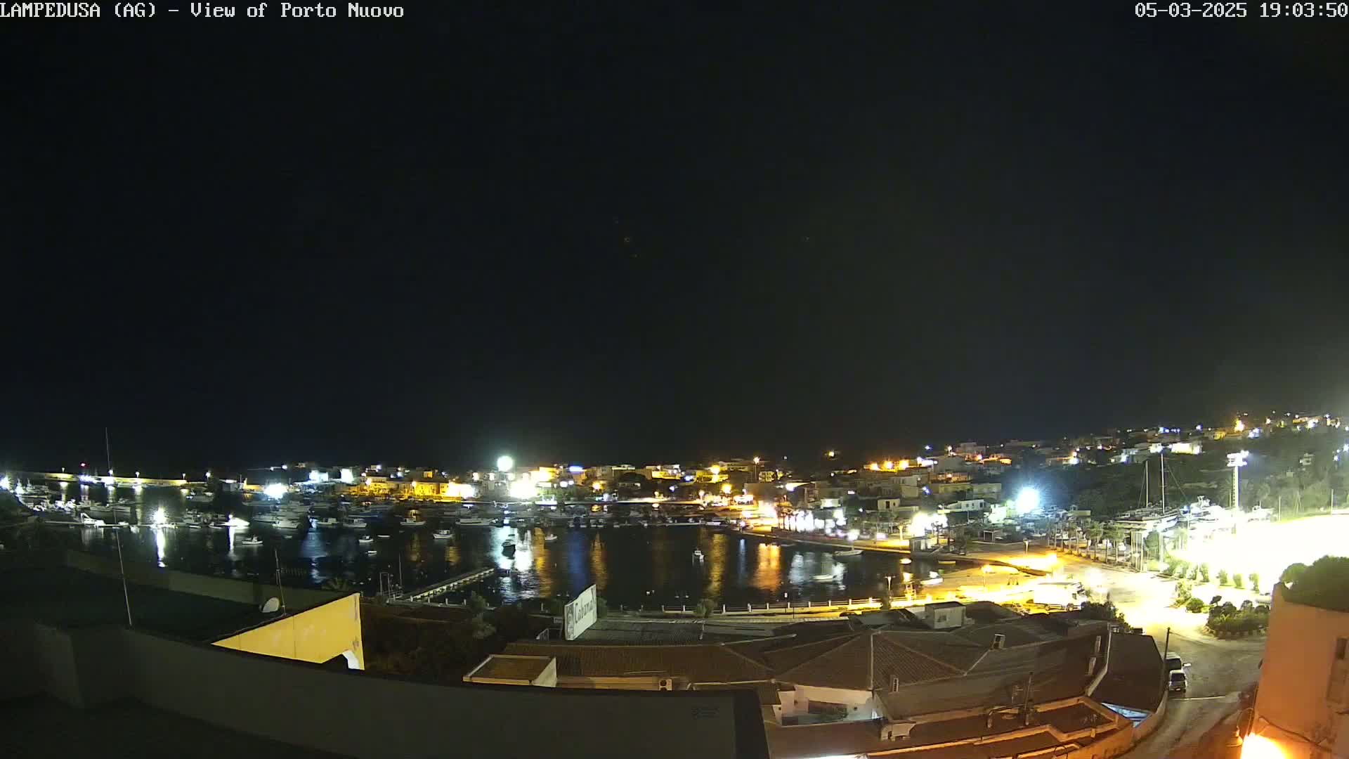 A nighttime view of a harbor filled with boats, surrounded by a town with illuminated buildings under a clear, dark sky.