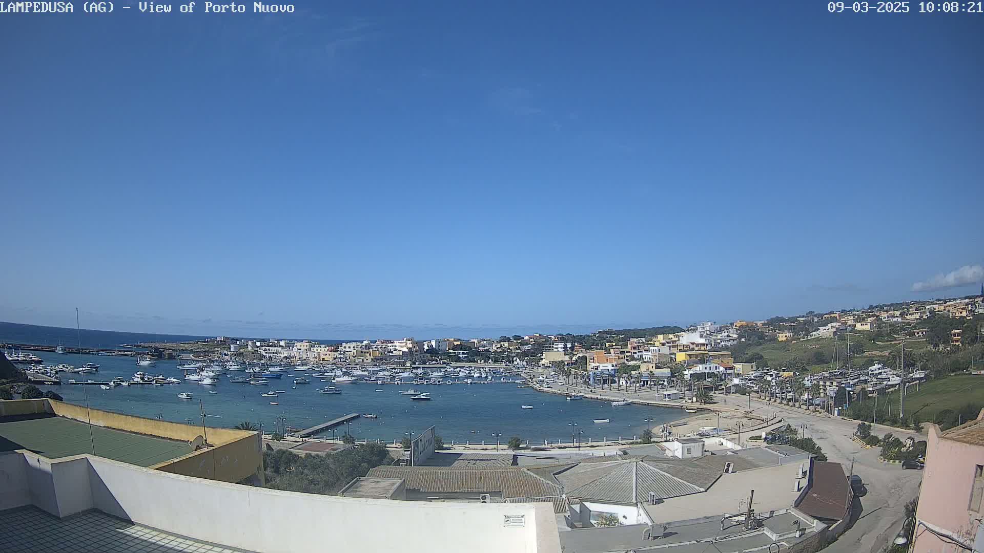 A harbor filled with boats is nestled in a town of low-rise buildings on a clear, sunny day.
