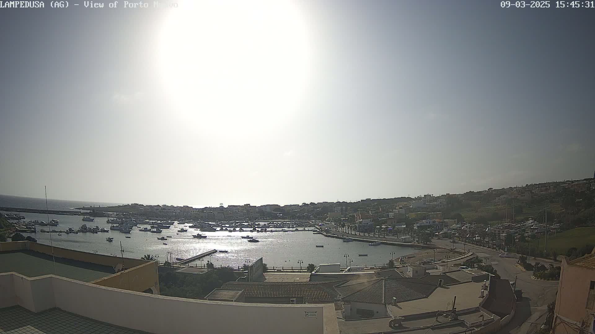 A sunny day overlooking a harbor filled with boats, adjacent to a town built on a hillside.