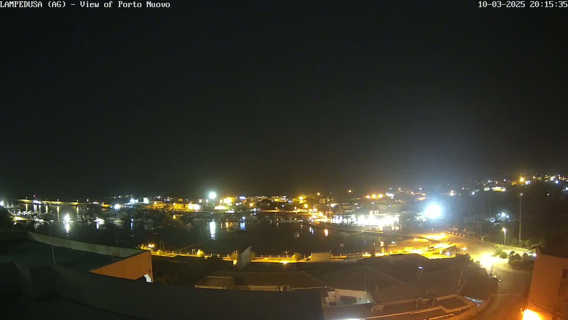 A nighttime view of a harbor filled with boats, surrounded by illuminated buildings and roads under a clear, dark sky.