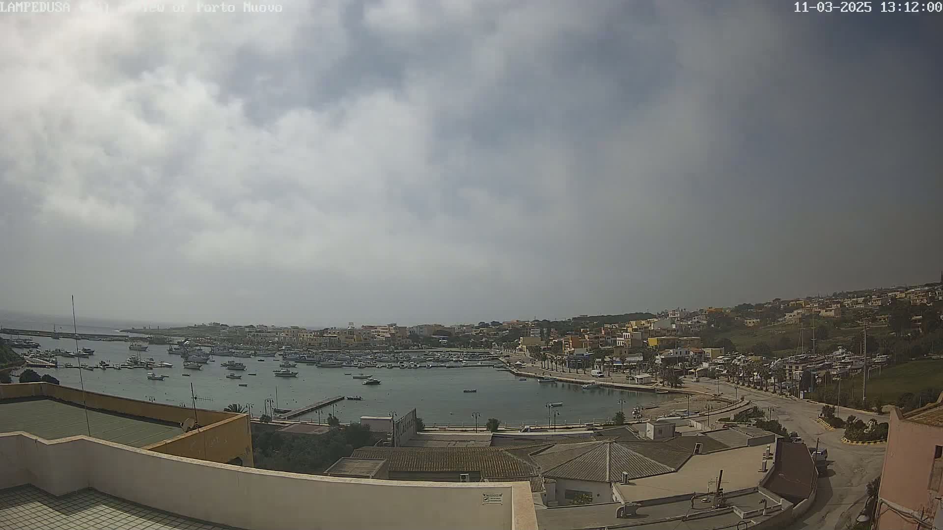 A harbor filled with boats is seen under a cloudy sky, with a town situated on a hillside behind it.