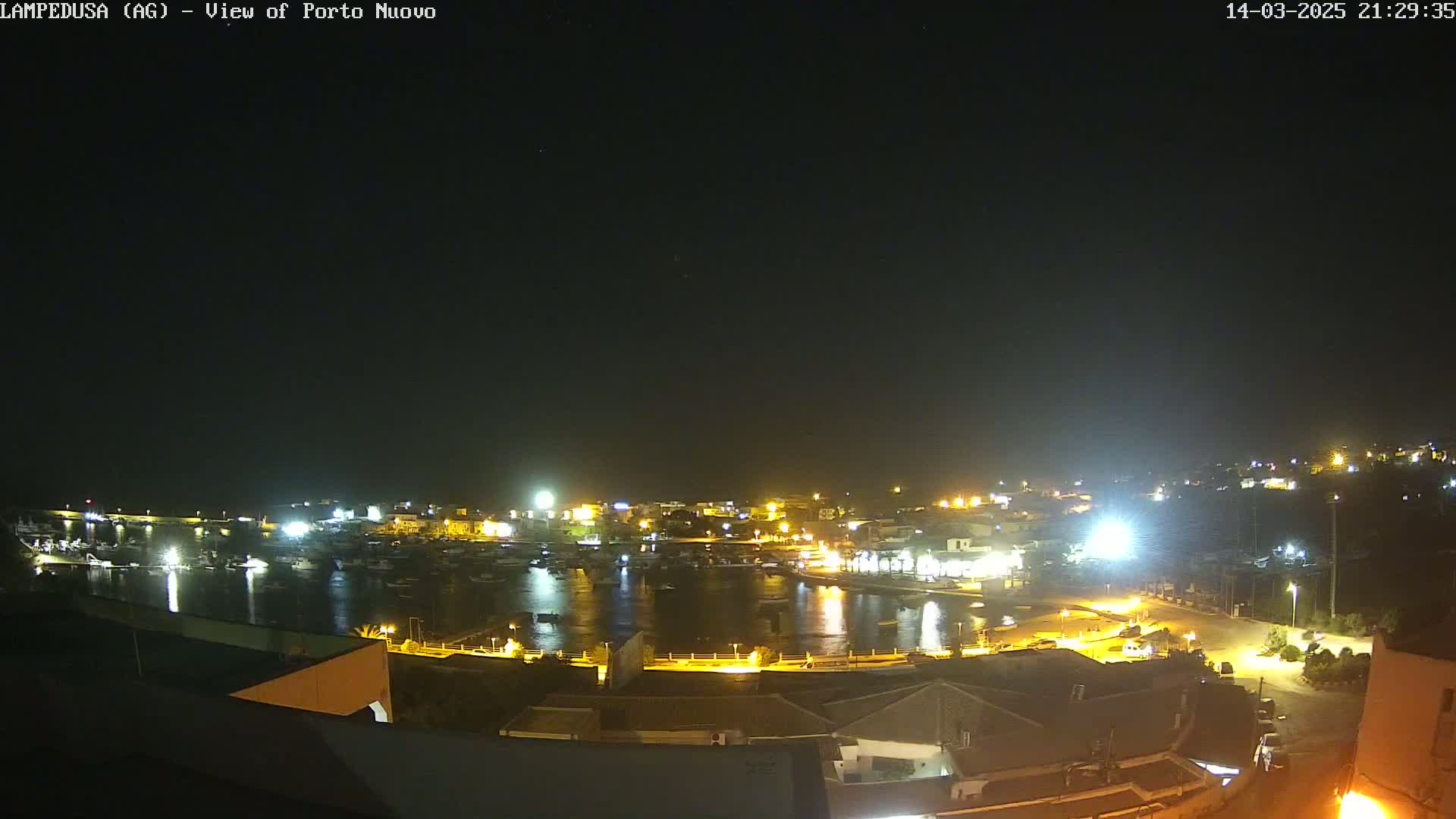 A nighttime view of a harbor filled with boats, surrounded by illuminated buildings and streets under a clear, dark sky.
