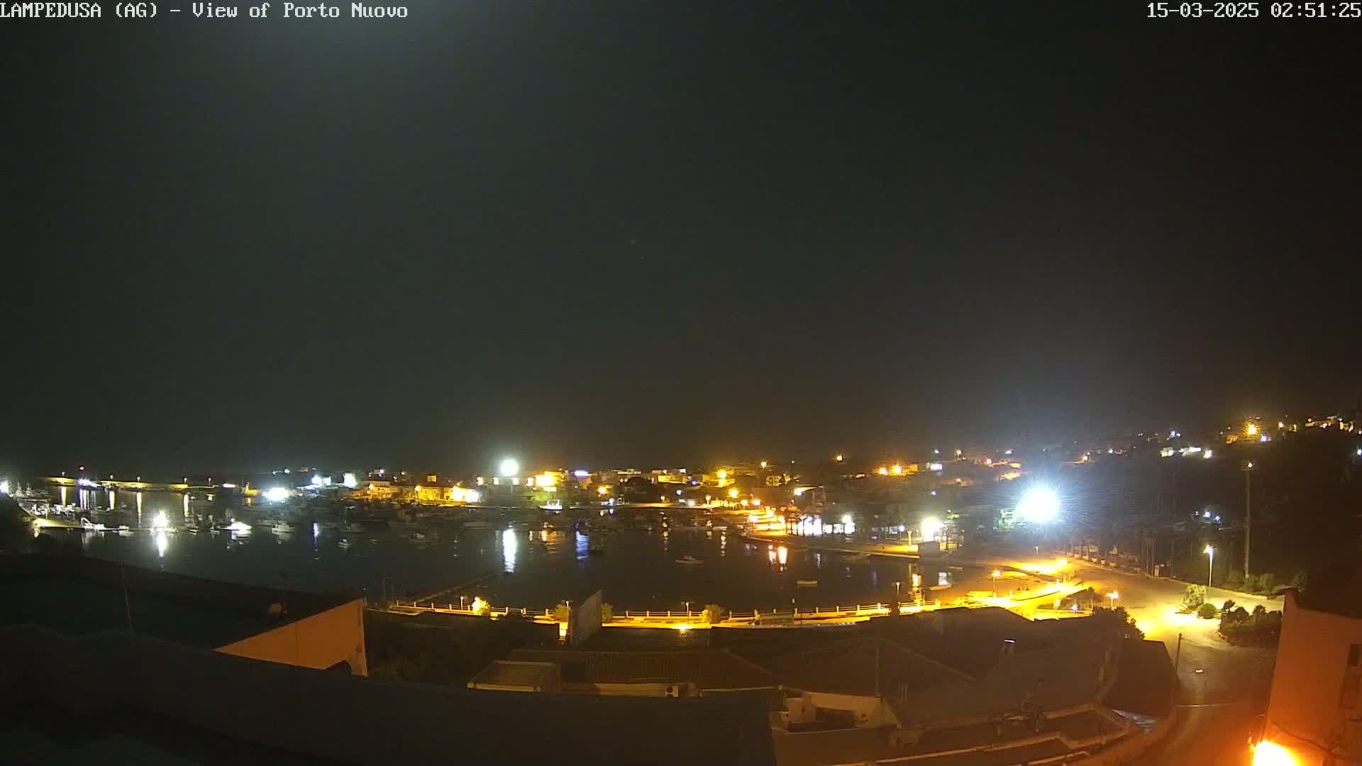 A nighttime, aerial view of a harbor town with boats in the water and buildings illuminated by streetlights under a dark sky.