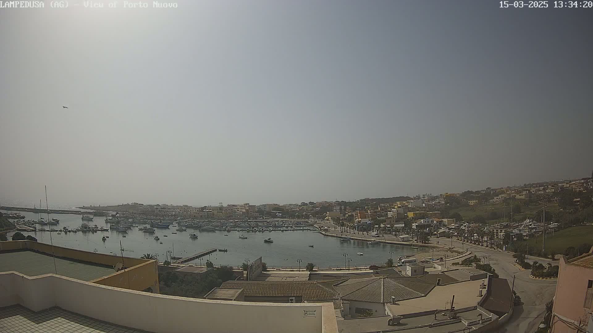 A hazy, sunny day overlooks a harbor filled with boats and a town of low-rise buildings, stretching across a hillside.