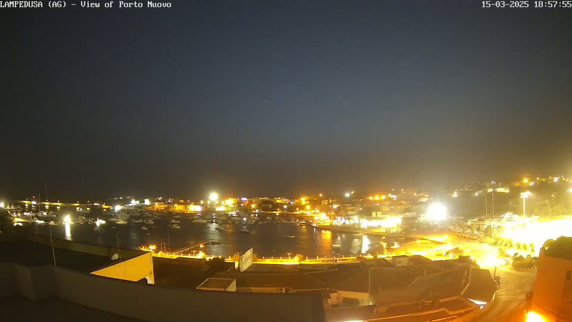 A nighttime, long shot of a harbor filled with boats, surrounded by illuminated buildings under a dark, clear sky.