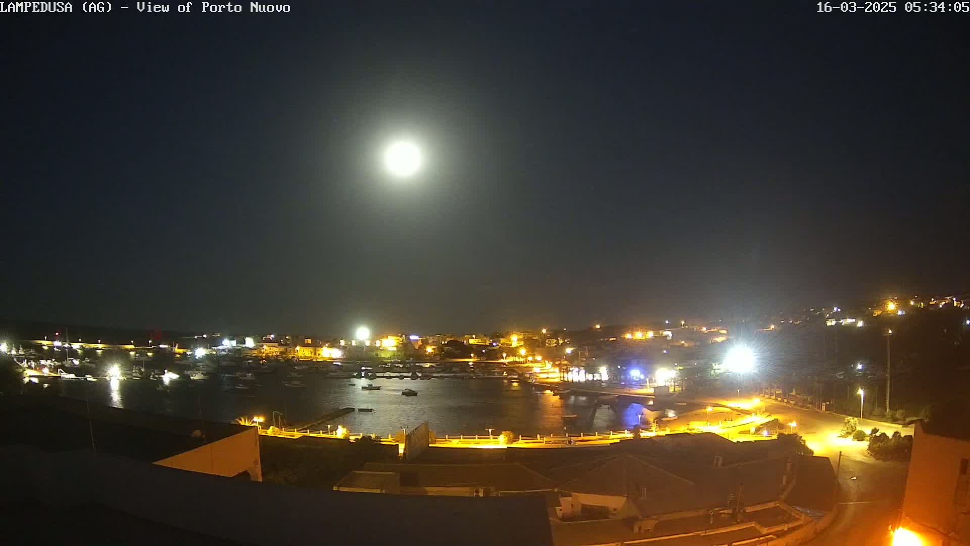 A brightly lit harbor town is visible under a full moon at night.