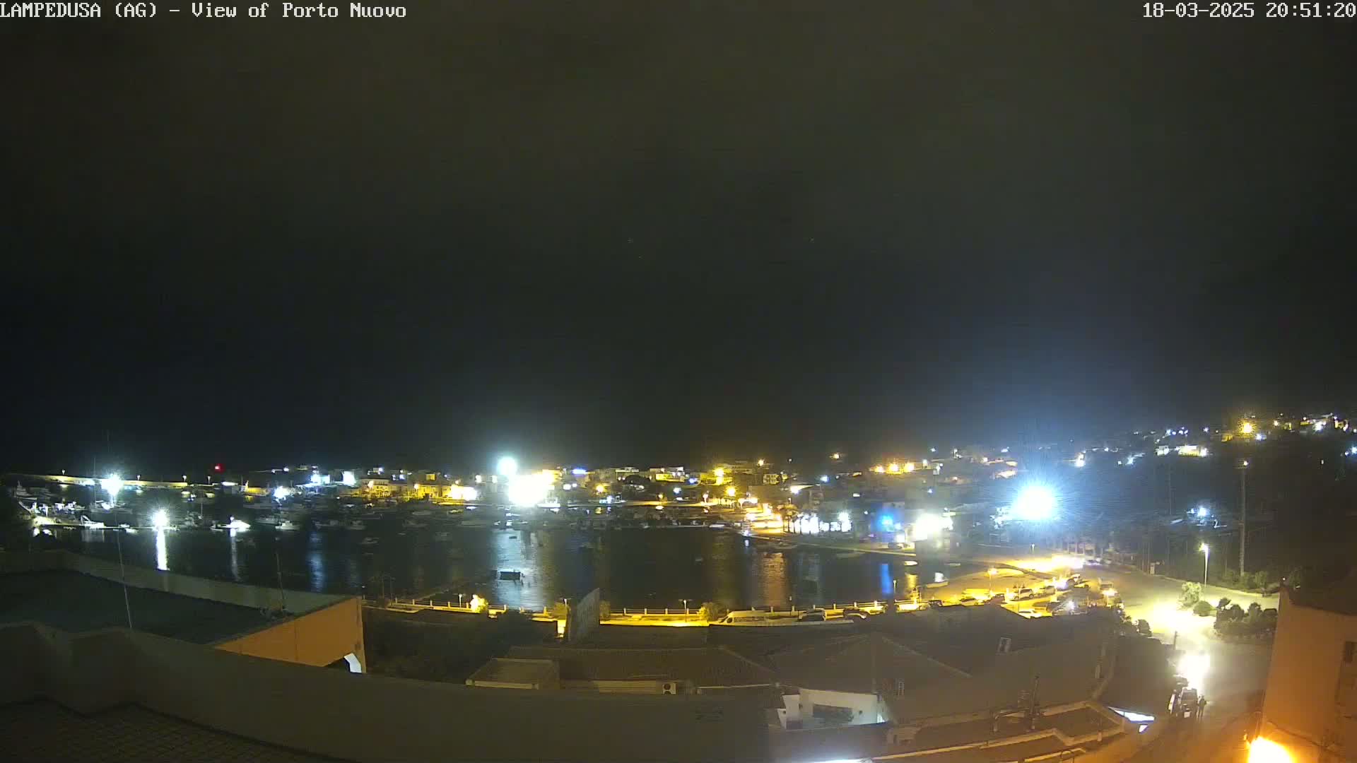 A nighttime, high-angle view of a harbor town with boats in the water and buildings illuminated by lights under a dark sky.