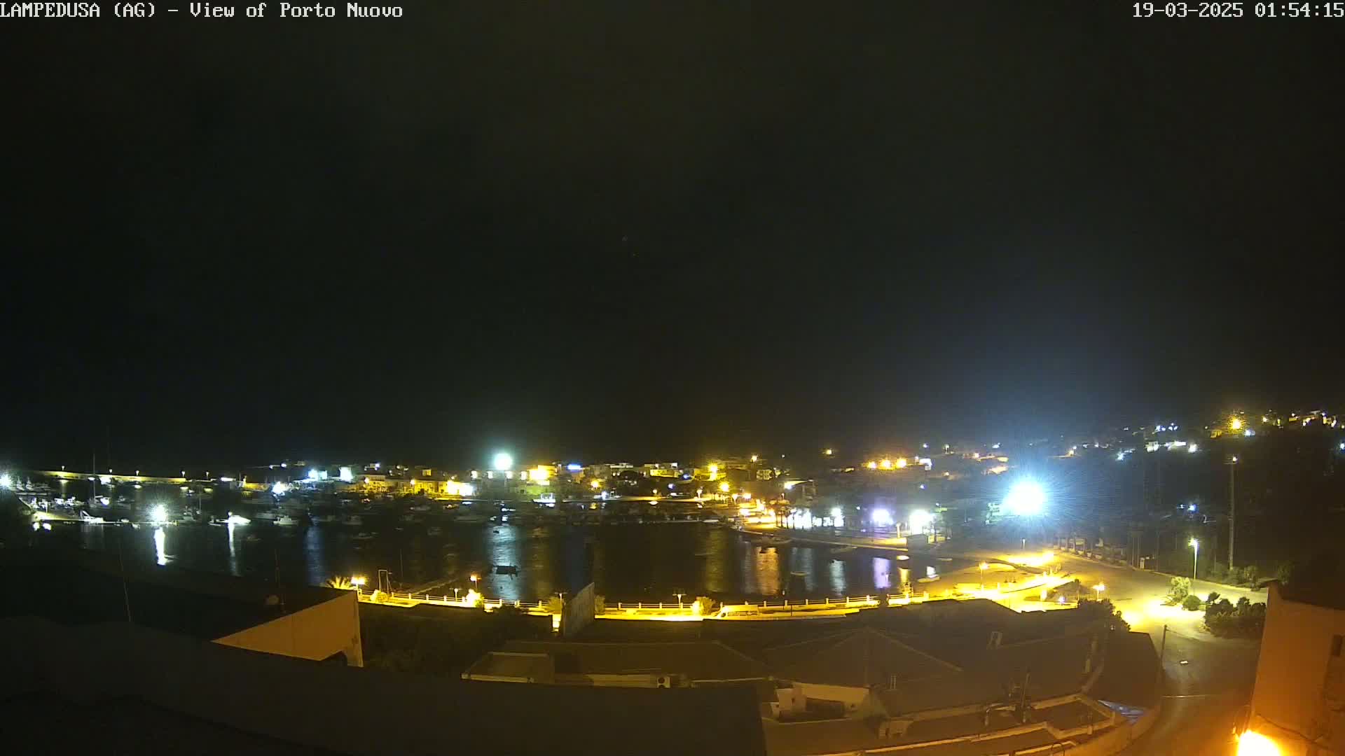 A nighttime, aerial view of a harbor town, illuminated by lights, under a clear, dark sky.