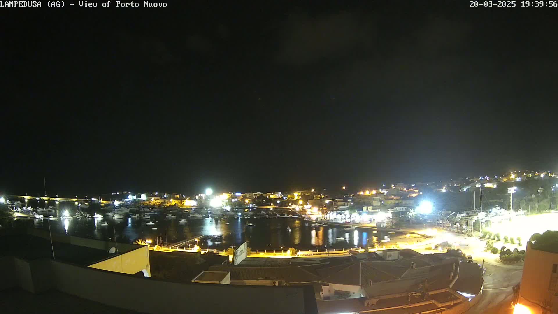 A nighttime, aerial view of a harbor filled with boats, surrounded by illuminated buildings on a hill.