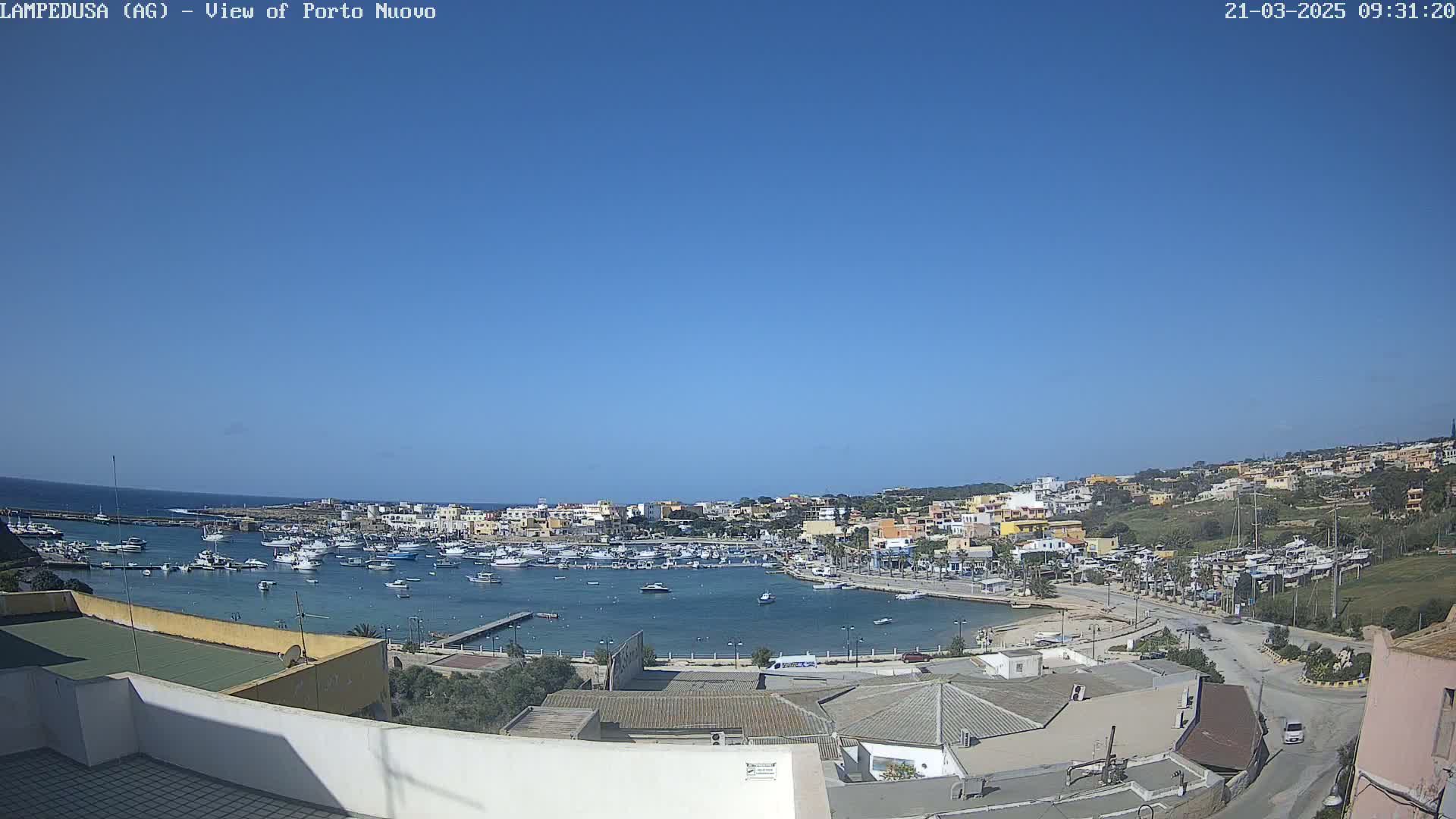 A harbor filled with boats is situated below a small town on a sunny day with a clear blue sky.