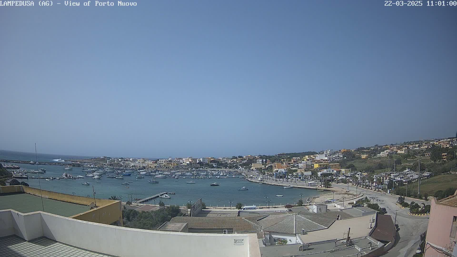 A clear, sunny day overlooking a harbor filled with boats and a town built on a hillside.