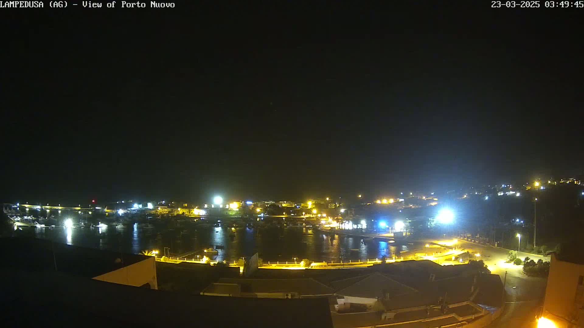 A nighttime, high-angle view of a harbor filled with boats, illuminated by streetlights and building lights, under a clear, dark sky.