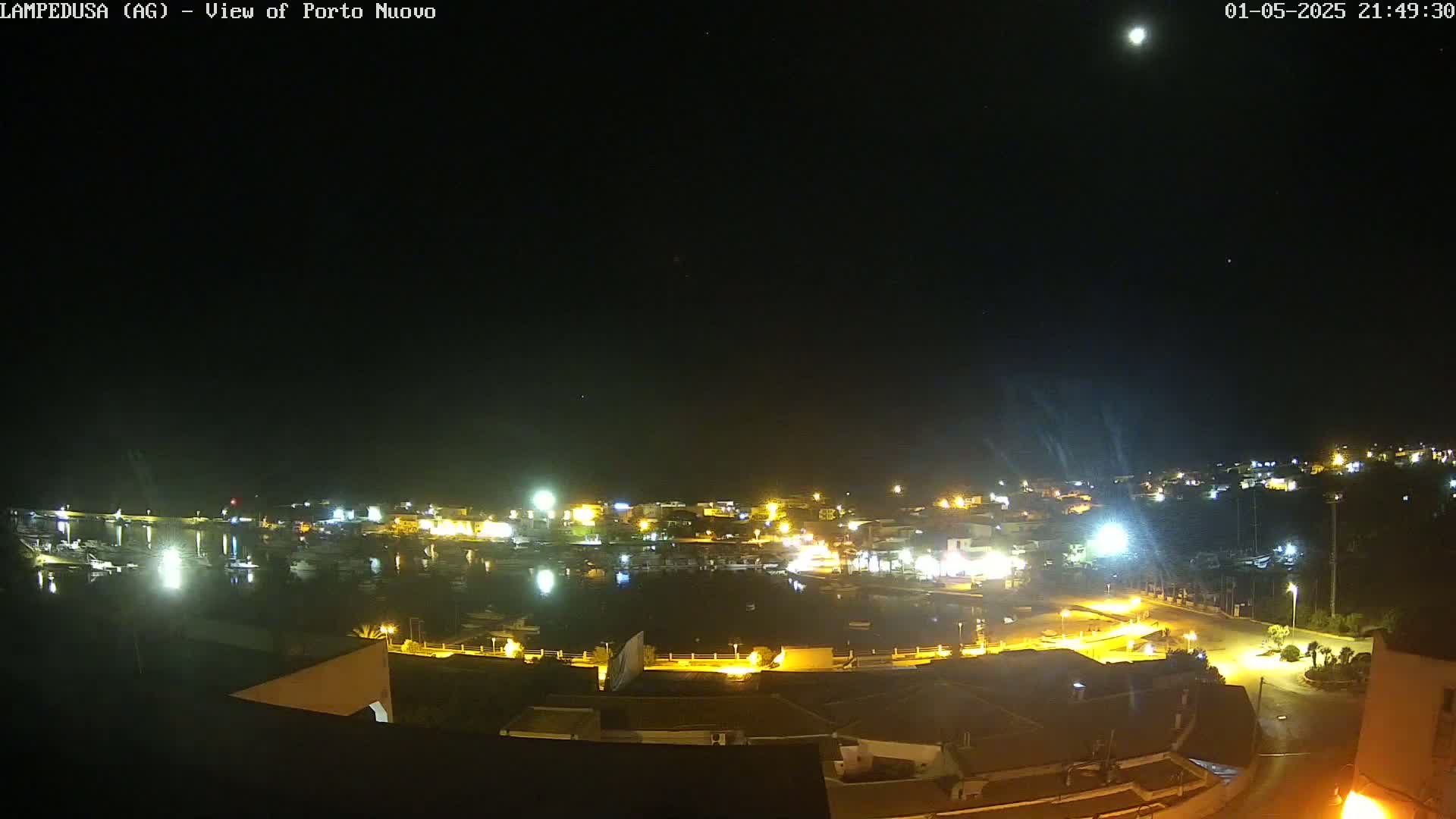A nighttime, high-angle view of a harbor town illuminated by lights under a clear, moonlit sky.