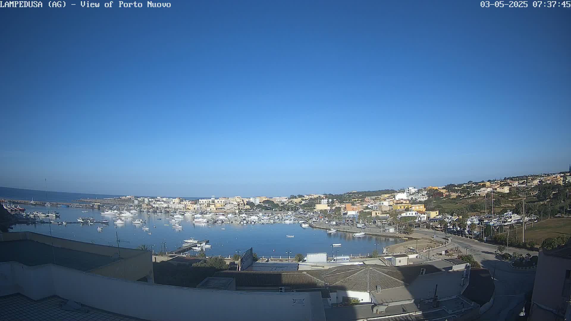 A harbor filled with boats is nestled within a town on a sunny day, overlooking a calm sea.