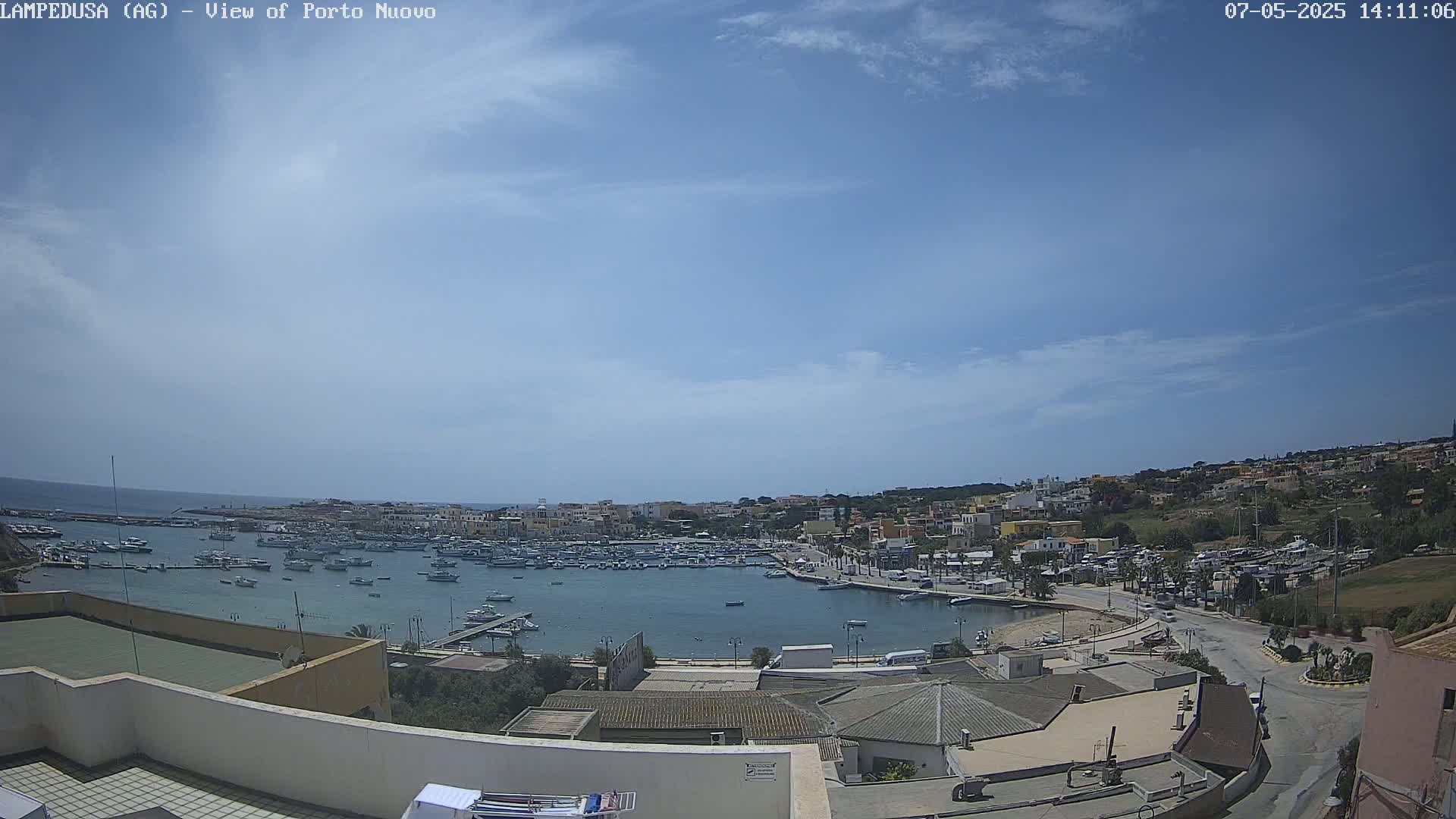 A mostly sunny day overlooks a harbor filled with boats and a town built along a coastline.