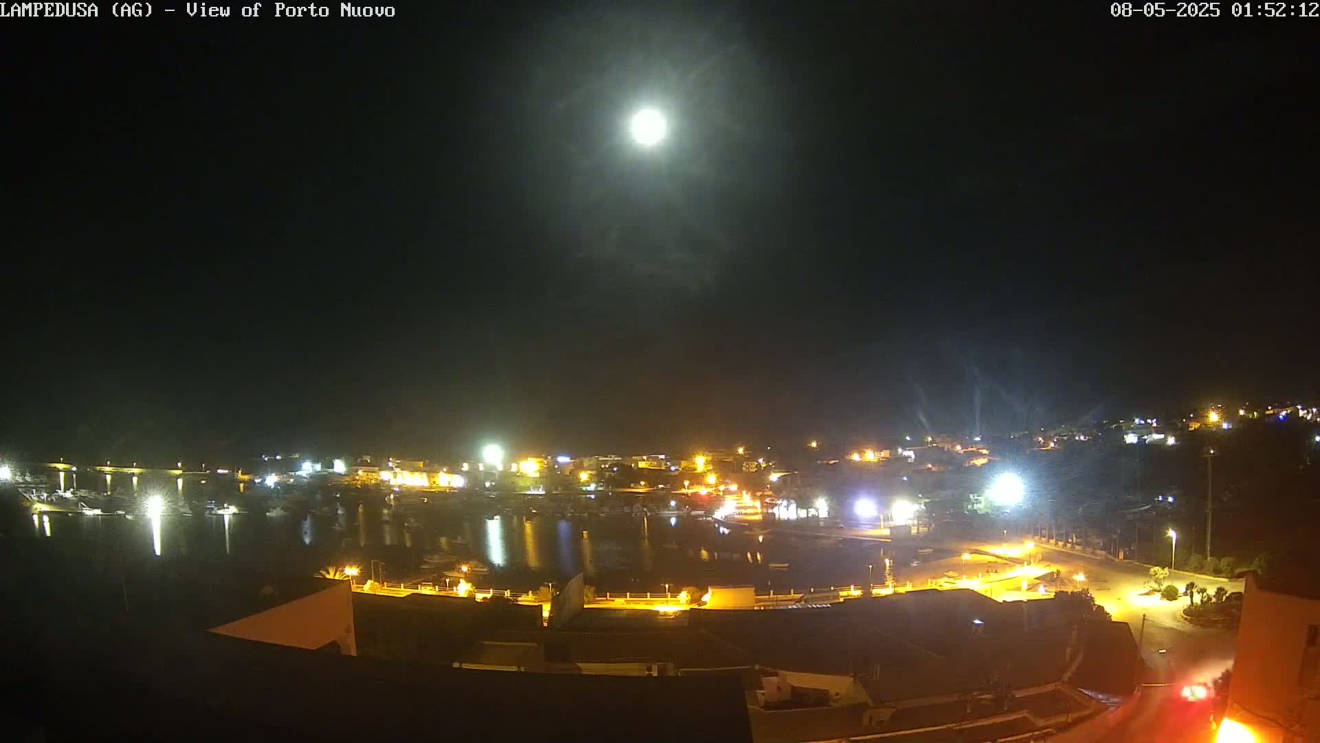 A brightly lit harbor town is visible under a full moon at night.
