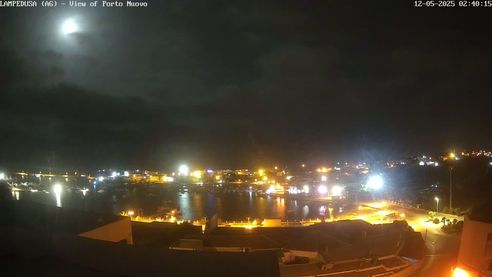 A nighttime, partly cloudy view of a harbor town with boats, lit buildings, and streetlights, illuminated by a bright moon.