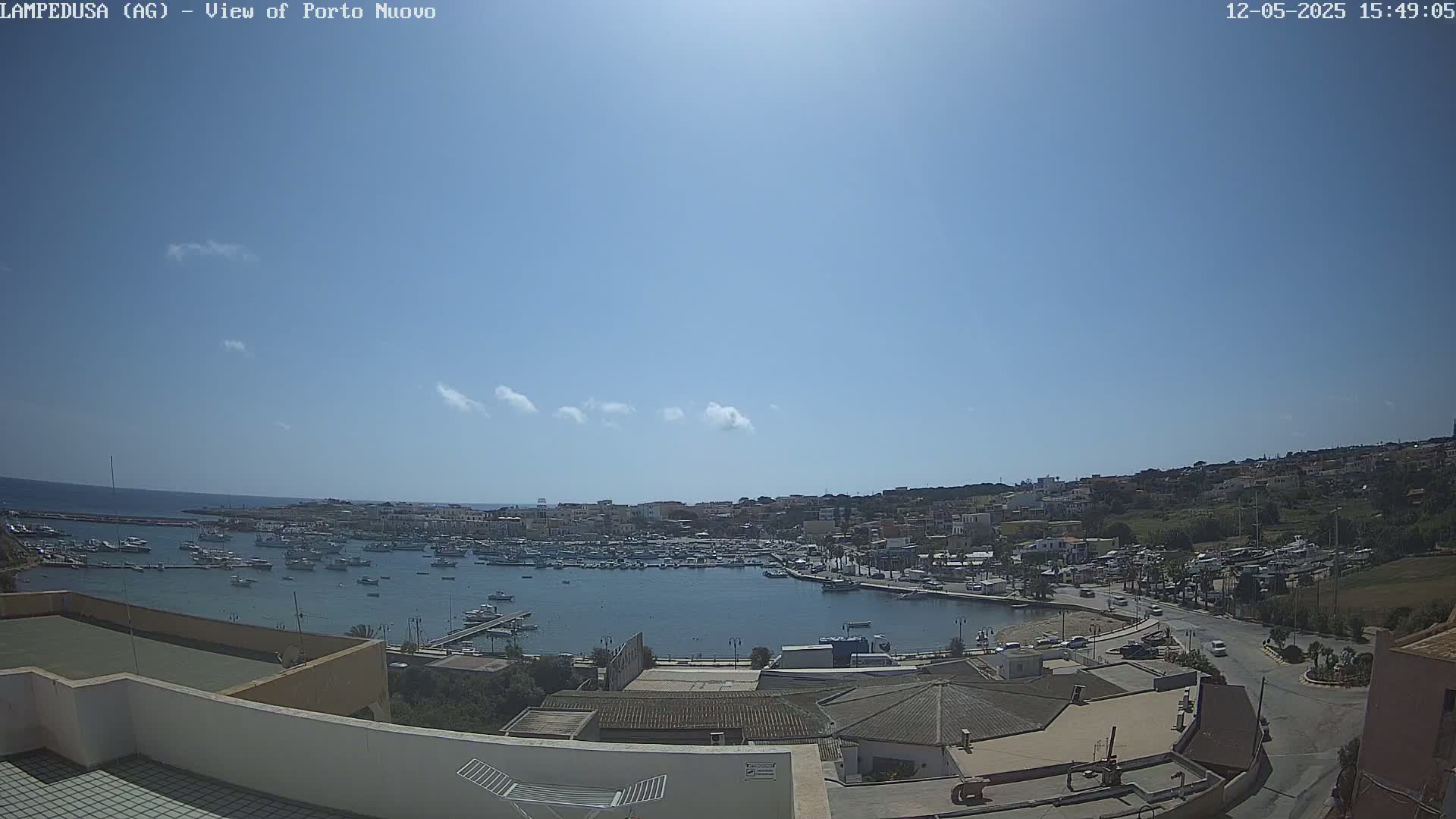 A mostly sunny day overlooks a harbor filled with boats and a town nestled on a hillside.