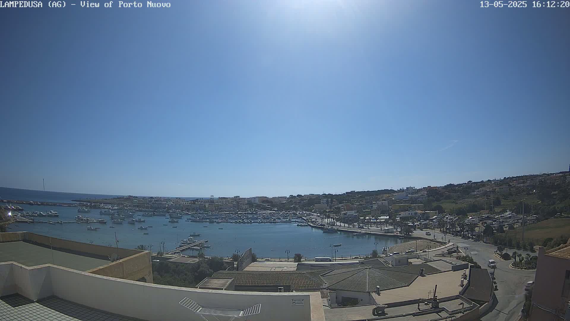 A harbor filled with numerous boats is seen on a sunny day, nestled within a town situated on a hillside overlooking the sea.