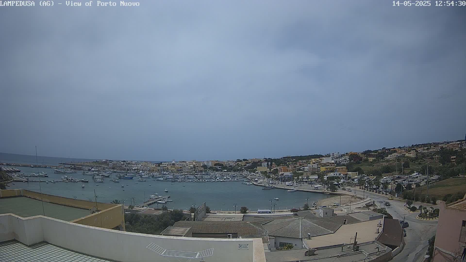 A harbor filled with boats is nestled in a town on a hillside overlooking the sea under an overcast sky.
