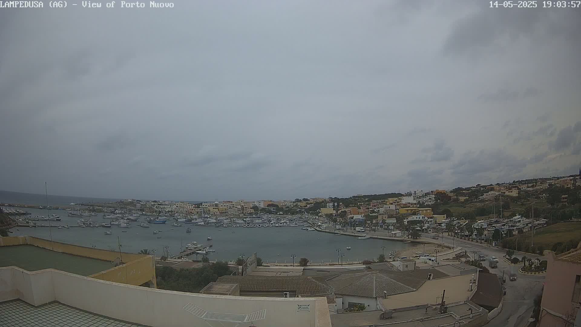 An overcast sky looks down on a harbor filled with numerous boats and surrounded by a town built on a hillside.
